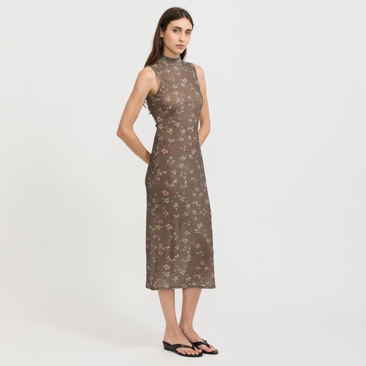 Floral Sleeveless Dress Brown