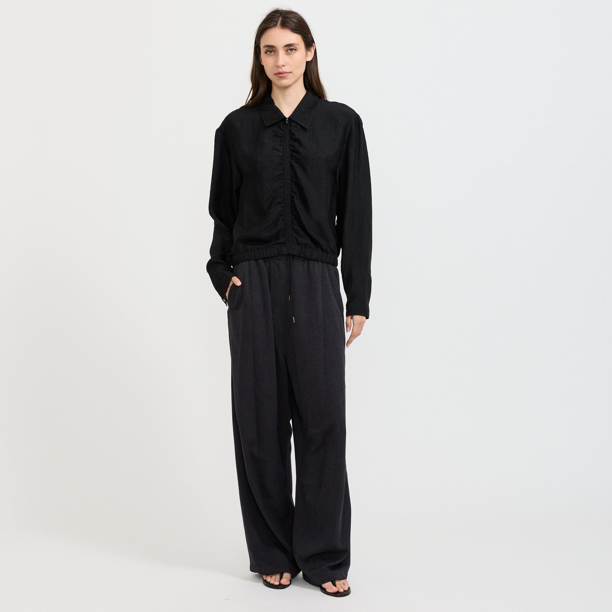 Satin Zip Up Shirt Black