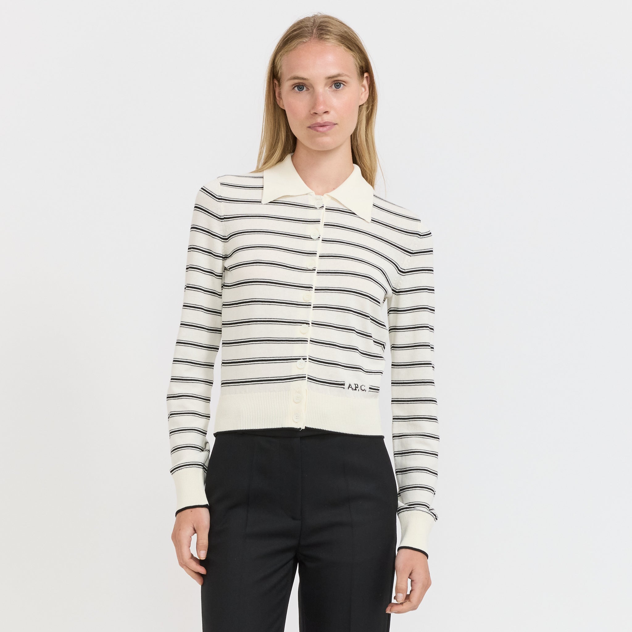 A.P.C. | Striped Knit Cardigan Ecru/Black | Maplestore
