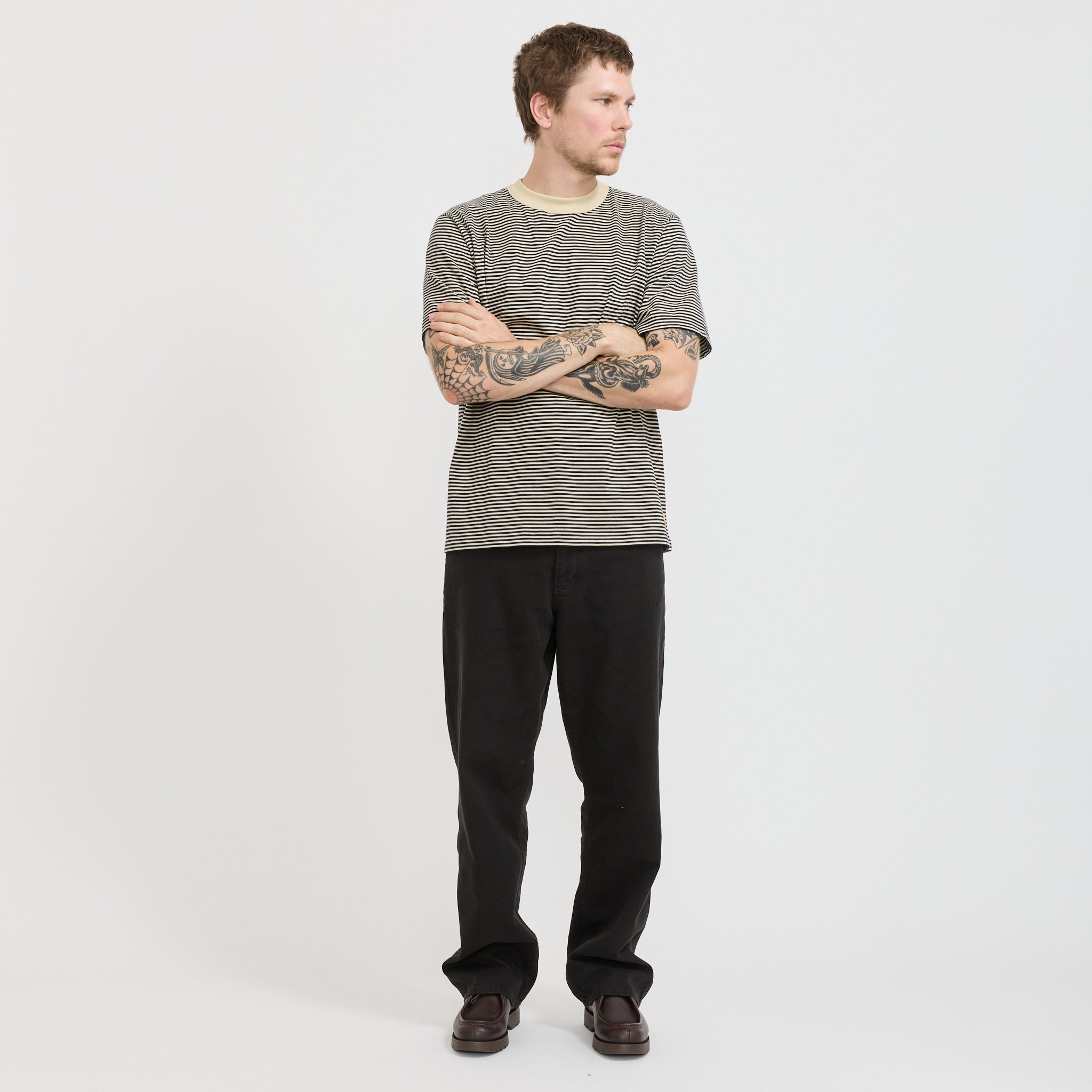 Armor Lux | Striped Heritage T-Shirt Gravel/Marine Deep Navy | Maplestore