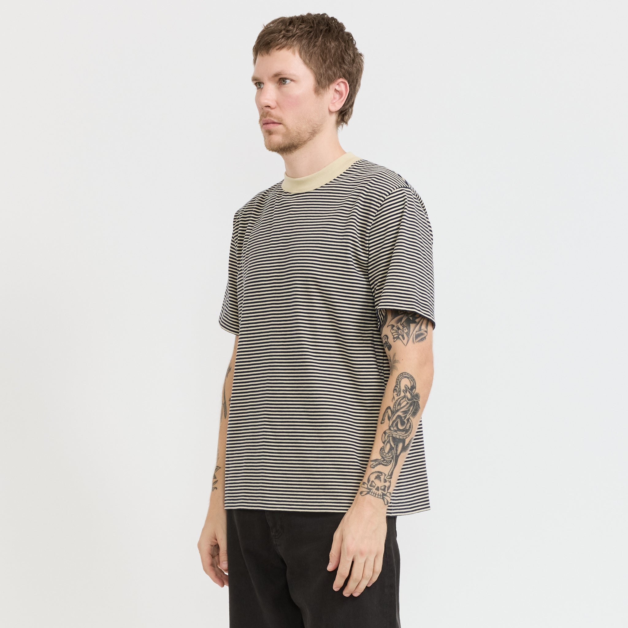 Armor Lux | Striped Heritage T-Shirt Gravel/Marine Deep Navy | Maplestore