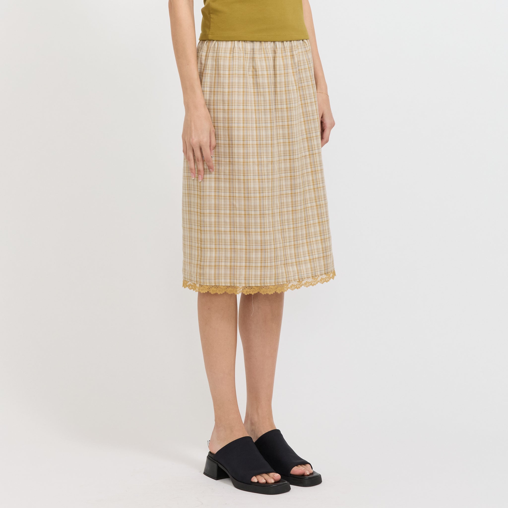 Embroidered Lace Check Skirt Mustard