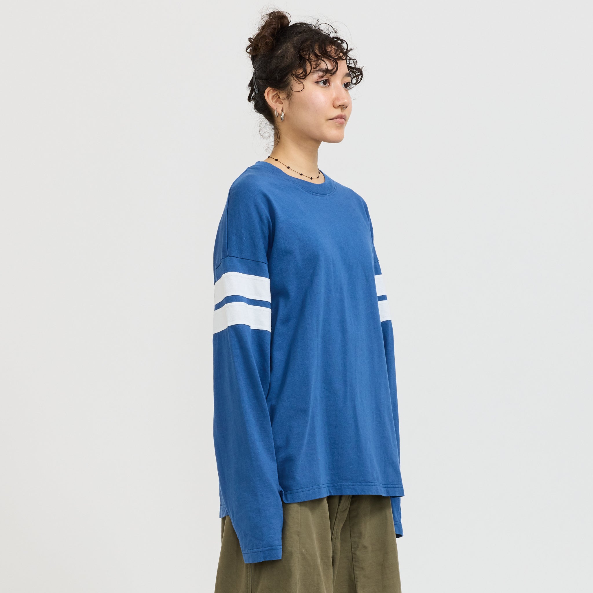 Boxy Rib Insert L/S T-Shirt Marine Blue/White