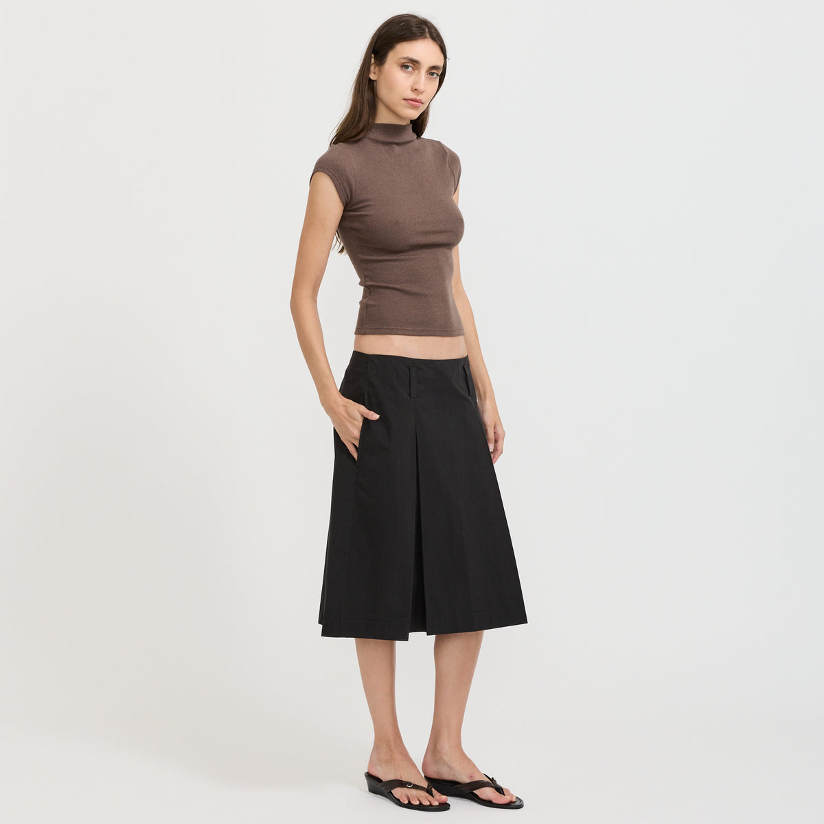 Crushed Cotton Box Pleat Skirt Black