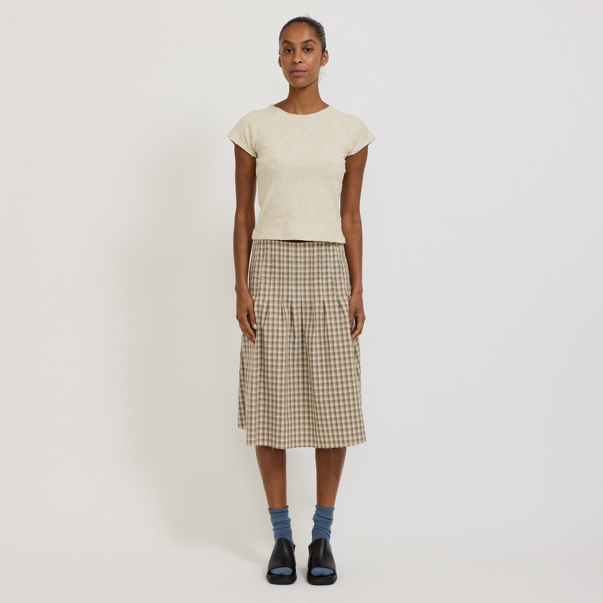 Bassike | Check Pleat Pinstitch Skirt Taupe/Natural Check | Maplestore
