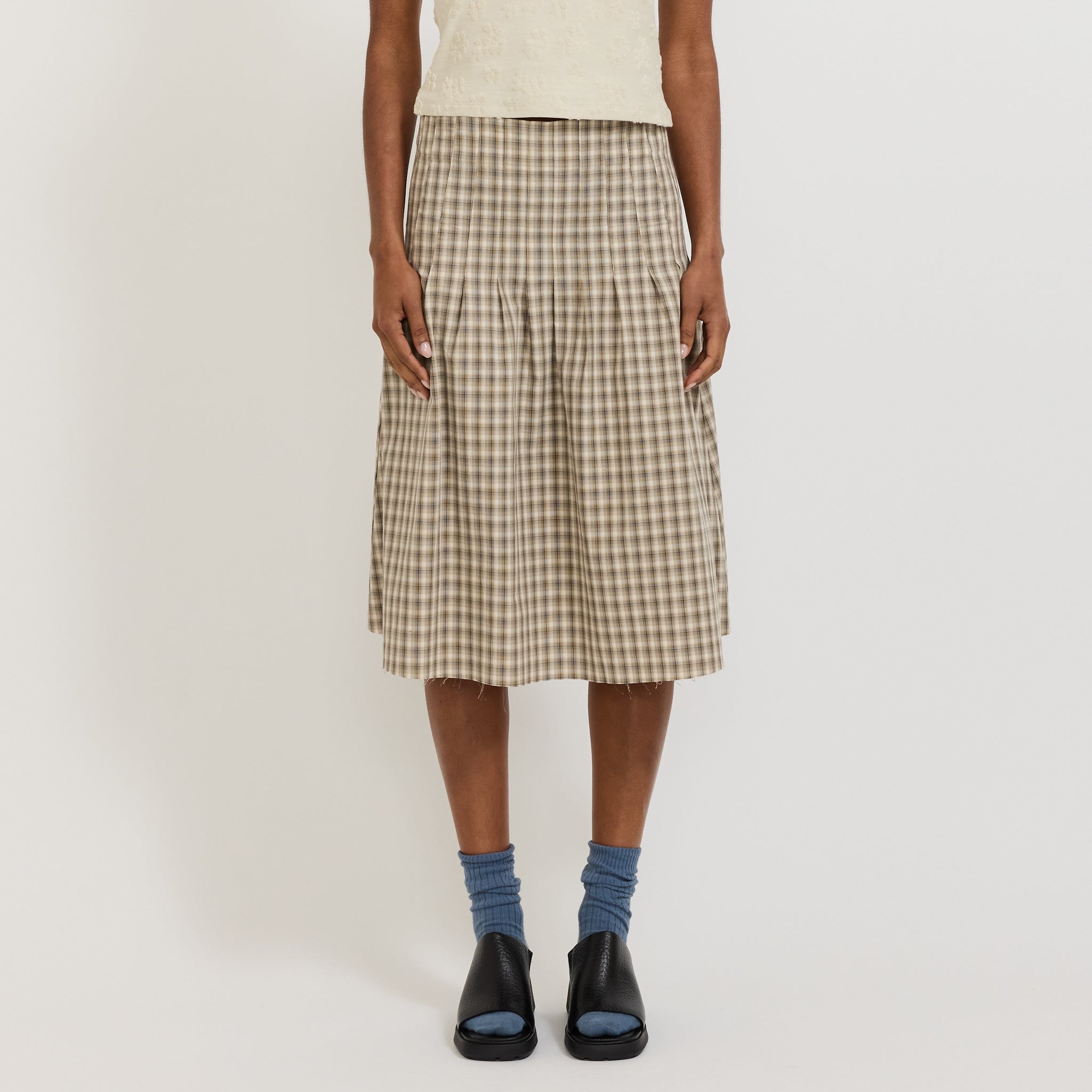 Bassike | Check Pleat Pinstitch Skirt Taupe/Natural Check | Maplestore