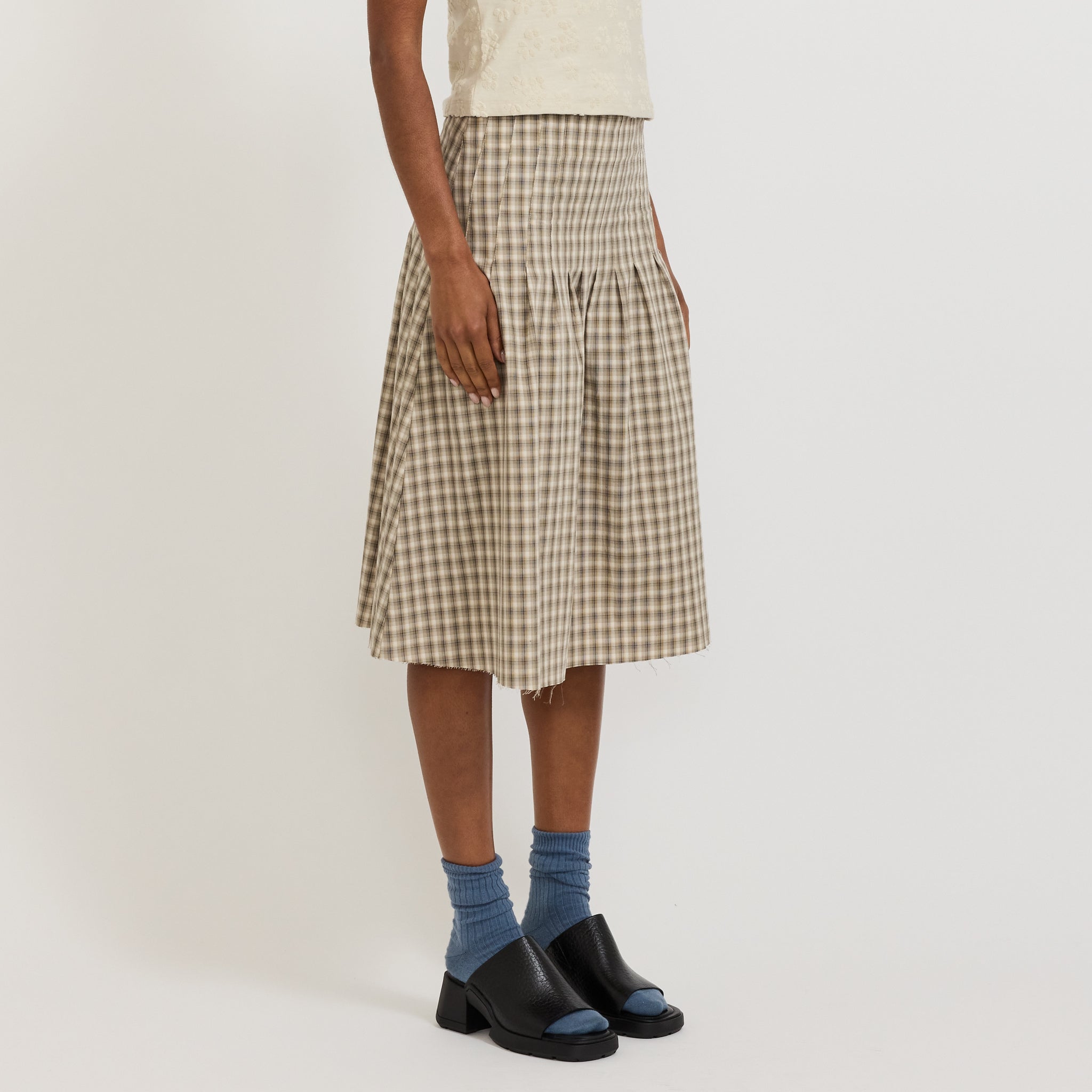 Bassike | Check Pleat Pinstitch Skirt Taupe/Natural Check | Maplestore