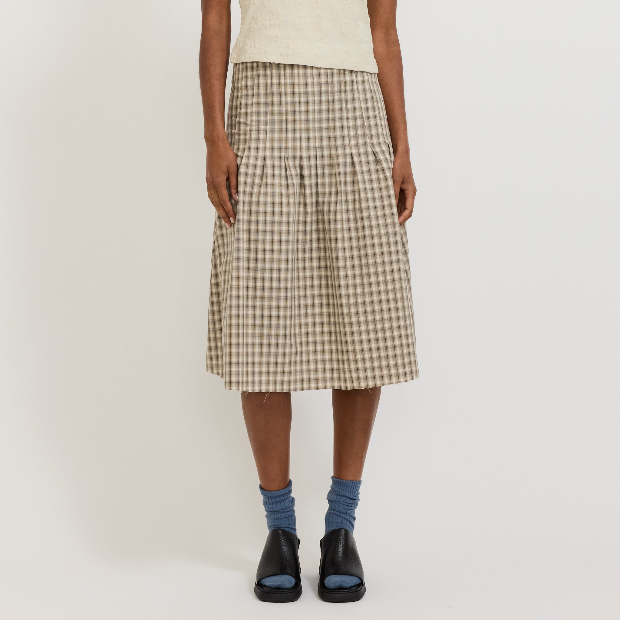 Bassike | Check Pleat Pinstitch Skirt Taupe/Natural Check | Maplestore