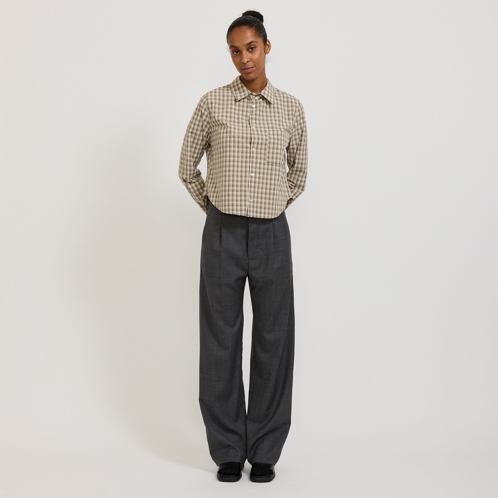Bassike | Cotton Check Western Shirt Taupe/Natural Check | Maplestore