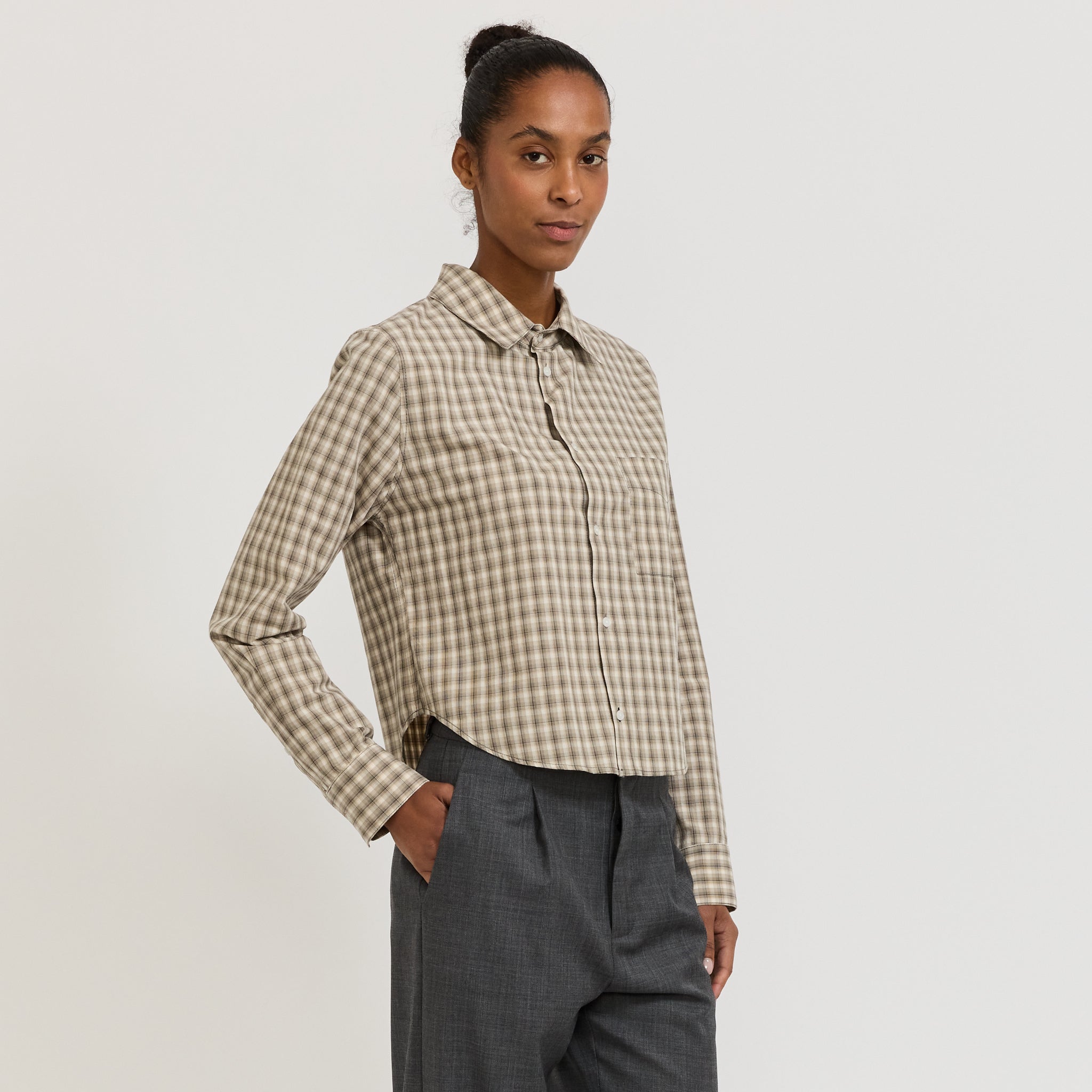 Bassike | Cotton Check Western Shirt Taupe/Natural Check | Maplestore