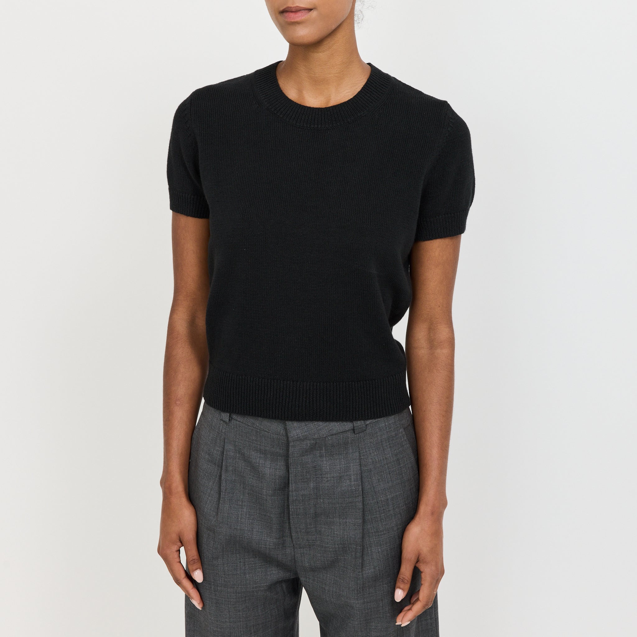 Cotton Linen Slim S/S Knit Black