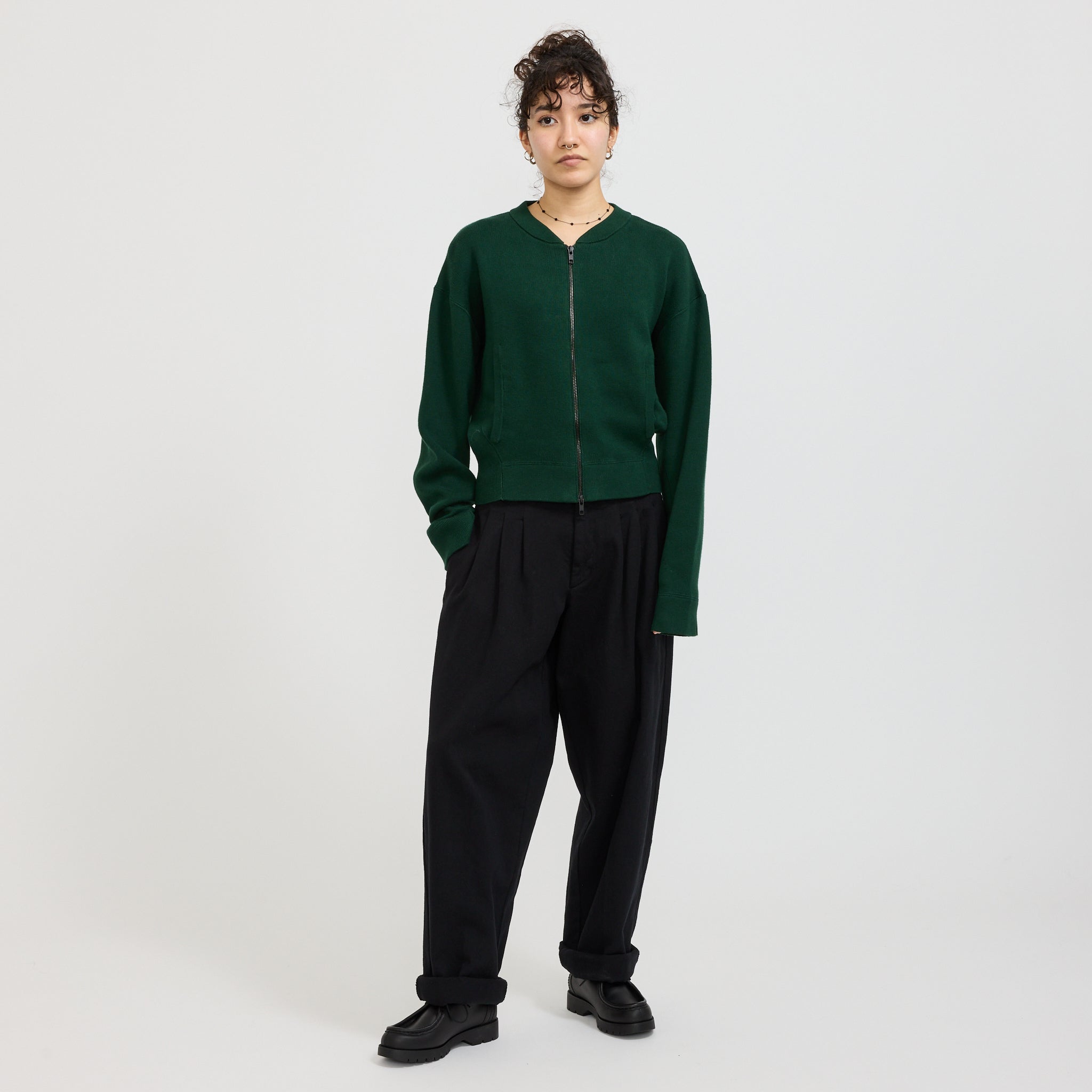 Bassike | Cropped Knitted Zip Through Dark Green | Maplestore