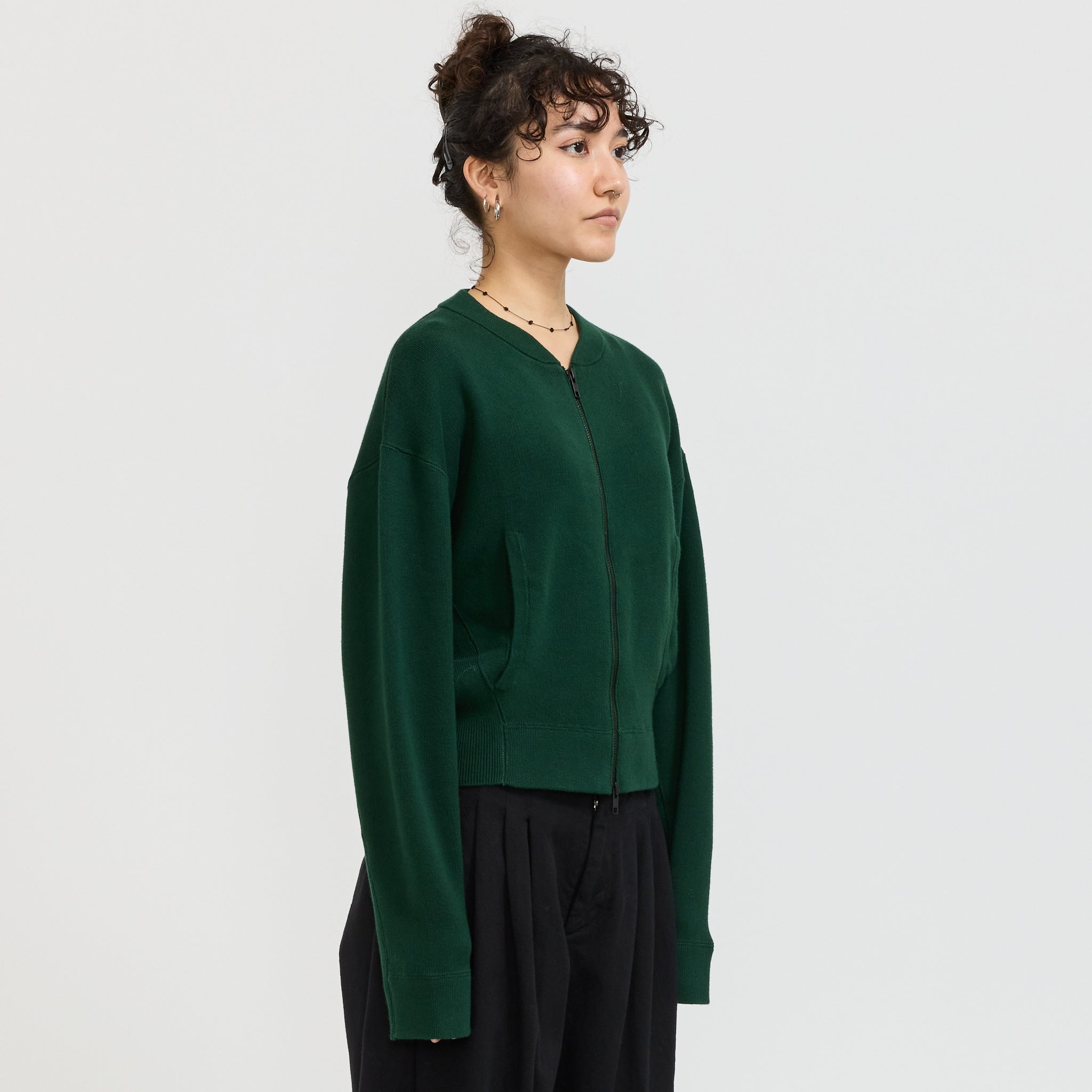 Bassike | Cropped Knitted Zip Through Dark Green | Maplestore