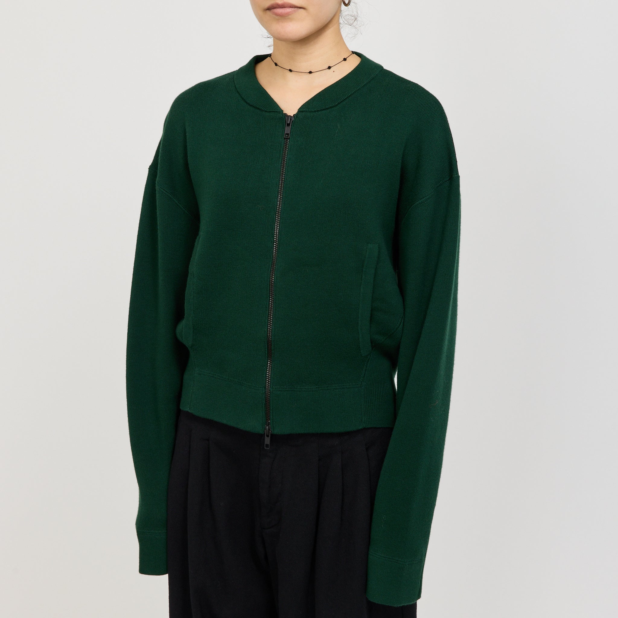 Bassike | Cropped Knitted Zip Through Dark Green | Maplestore