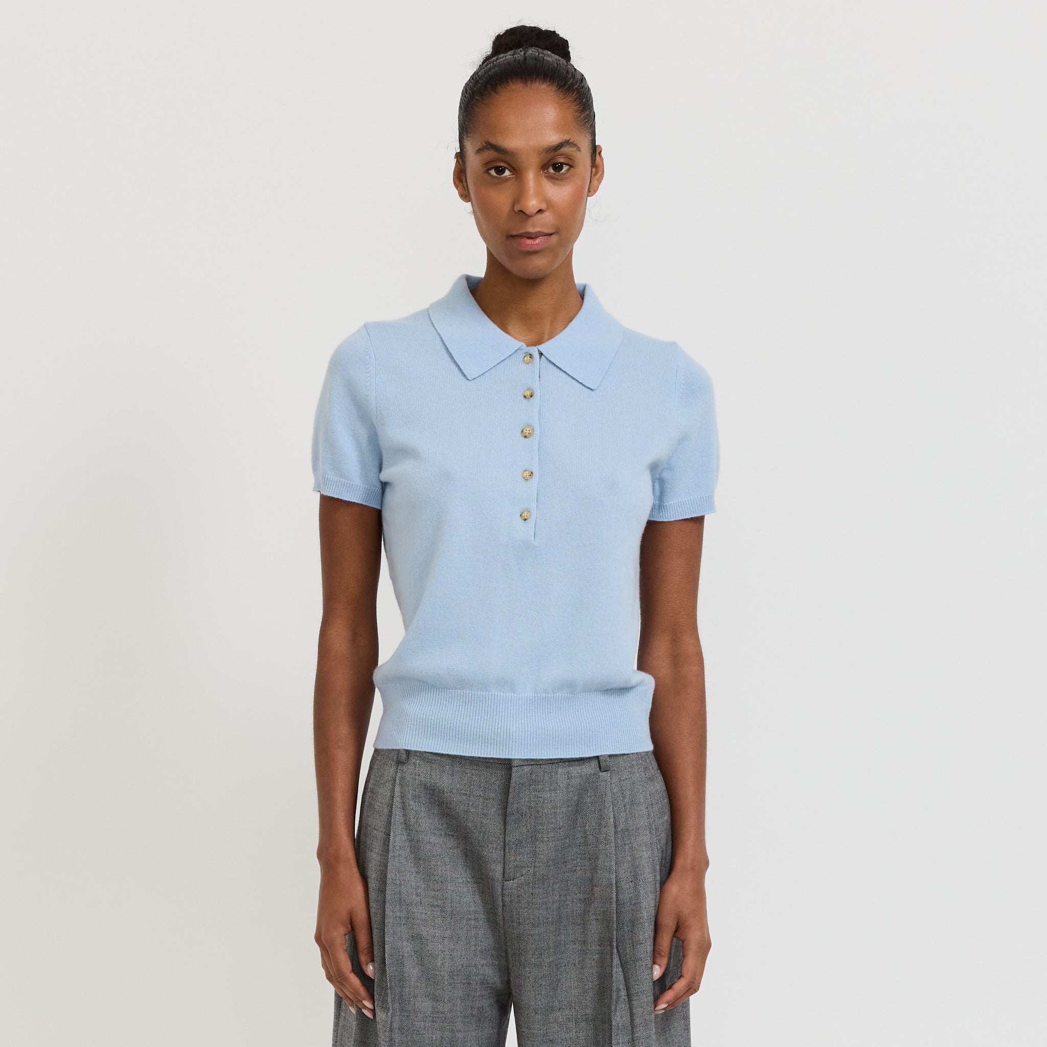 Bassike | Wool Cashmere Slim Fit Polo Pale Blue/Charcoal Marle | Maplestore