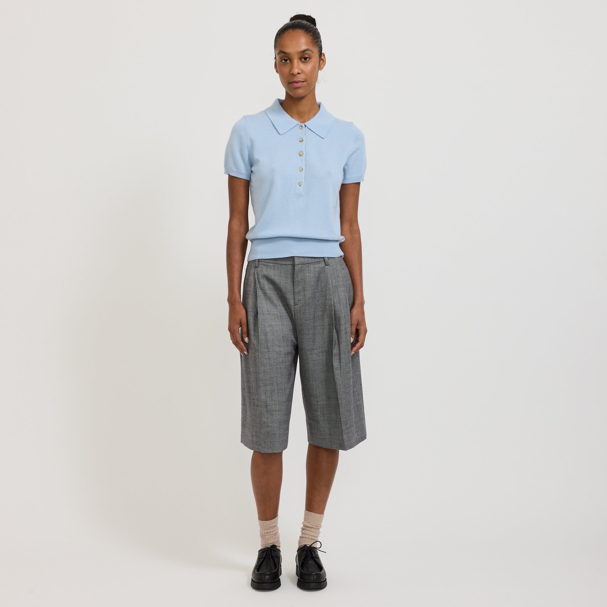 Bassike | Wool Cashmere Slim Fit Polo Pale Blue/Charcoal Marle | Maplestore