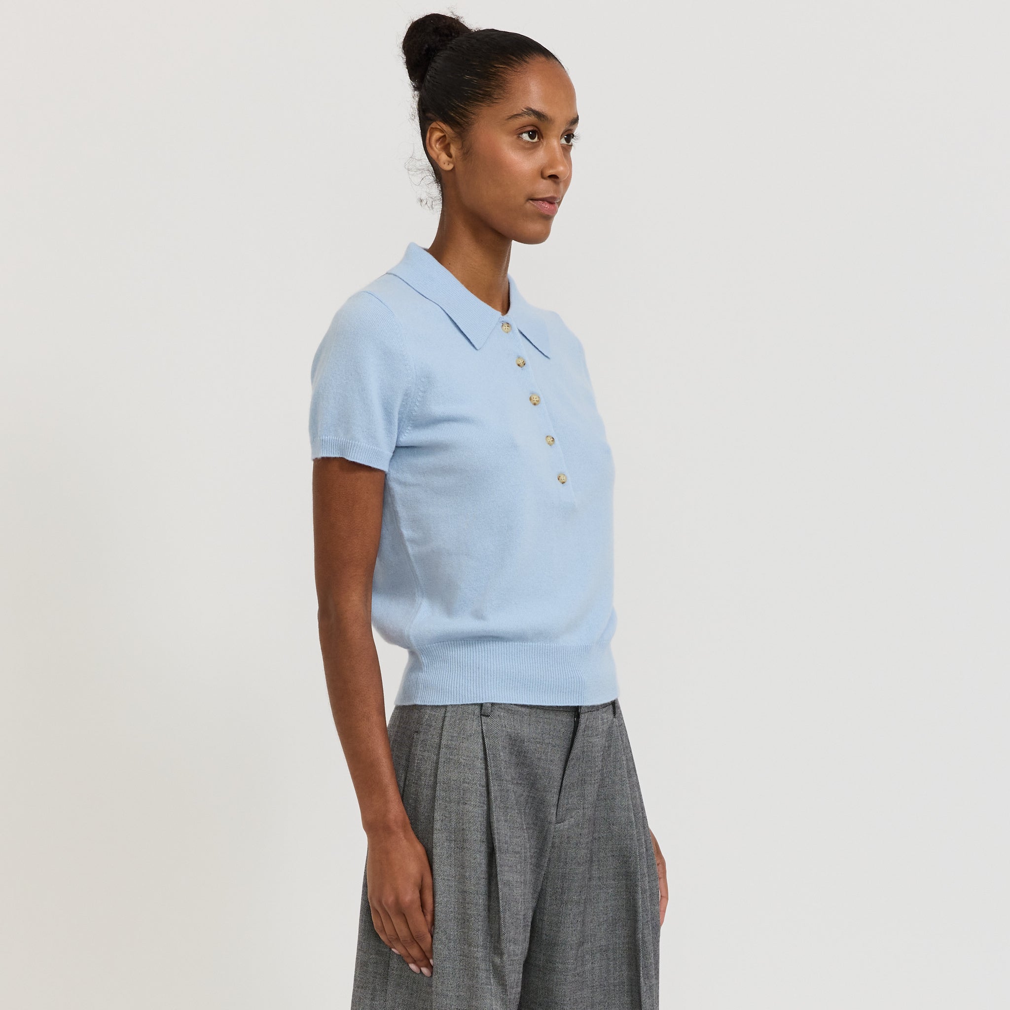 Bassike | Wool Cashmere Slim Fit Polo Pale Blue/Charcoal Marle | Maplestore