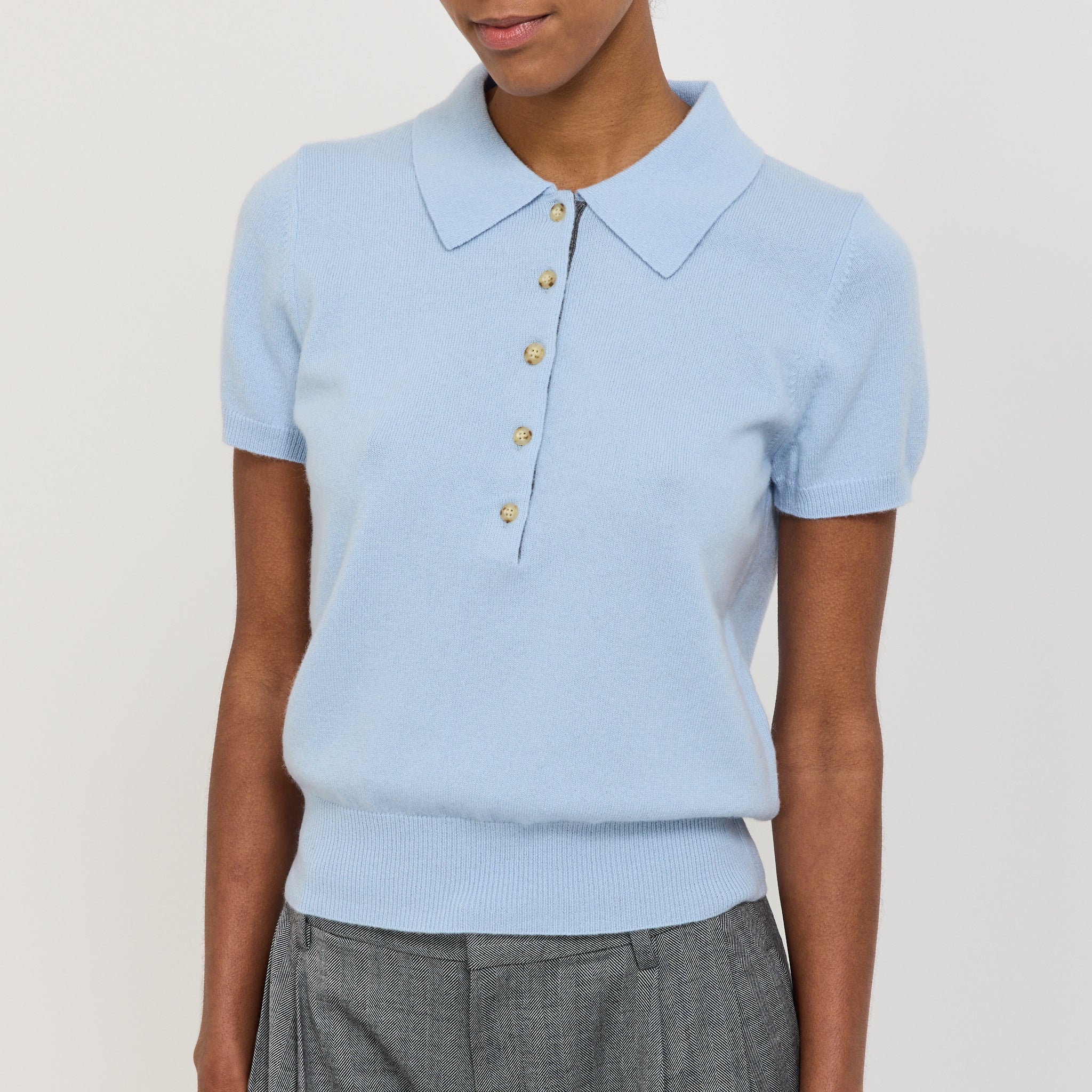 Bassike | Wool Cashmere Slim Fit Polo Pale Blue/Charcoal Marle | Maplestore