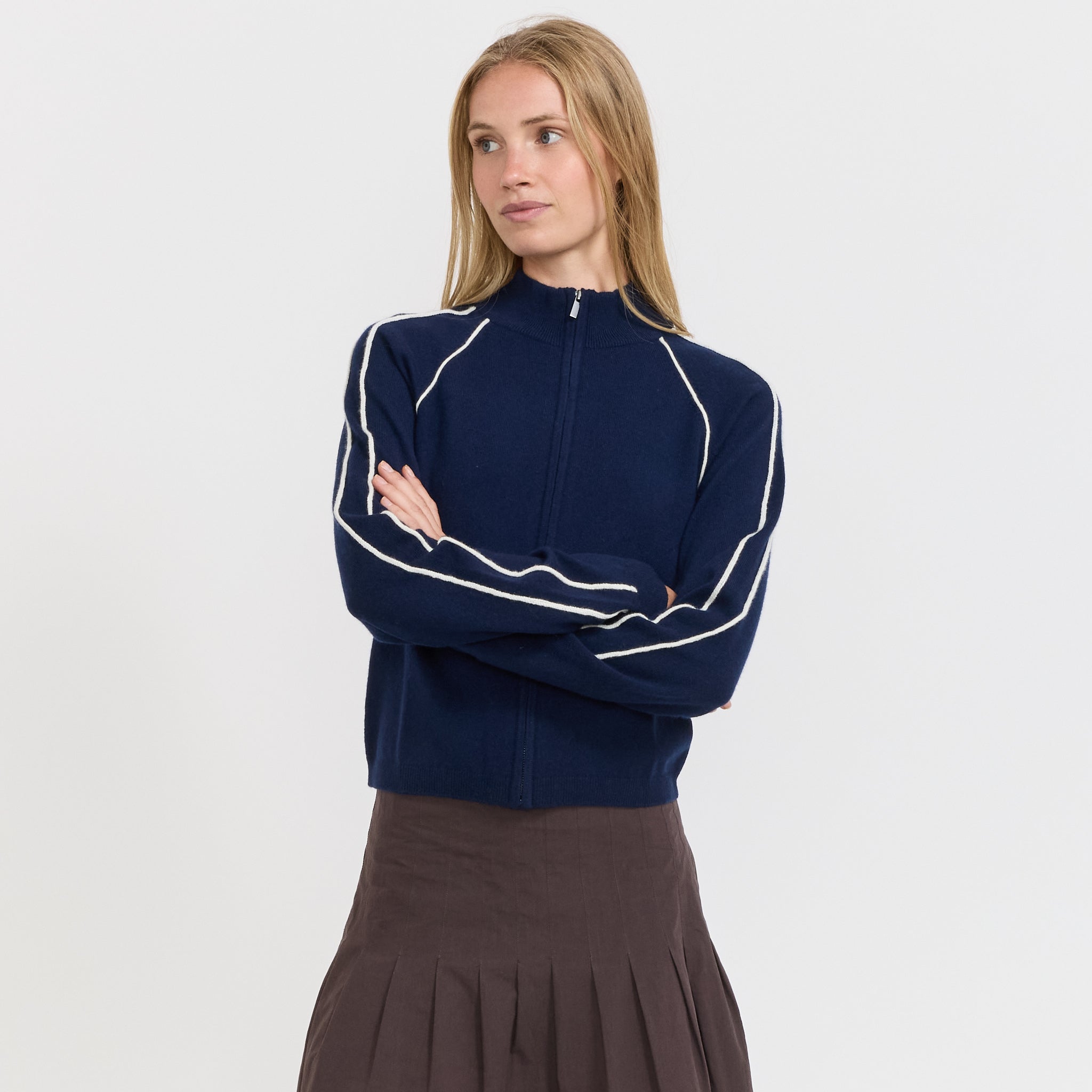 Bassike | Piping Detail Zip Up Knit Ink | Maplestore