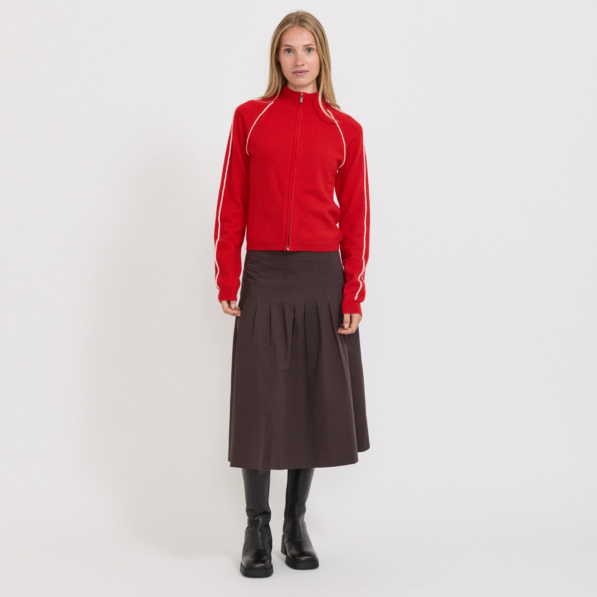 Bassike | Piping Detail Zip Up Knit Red | Maplestore