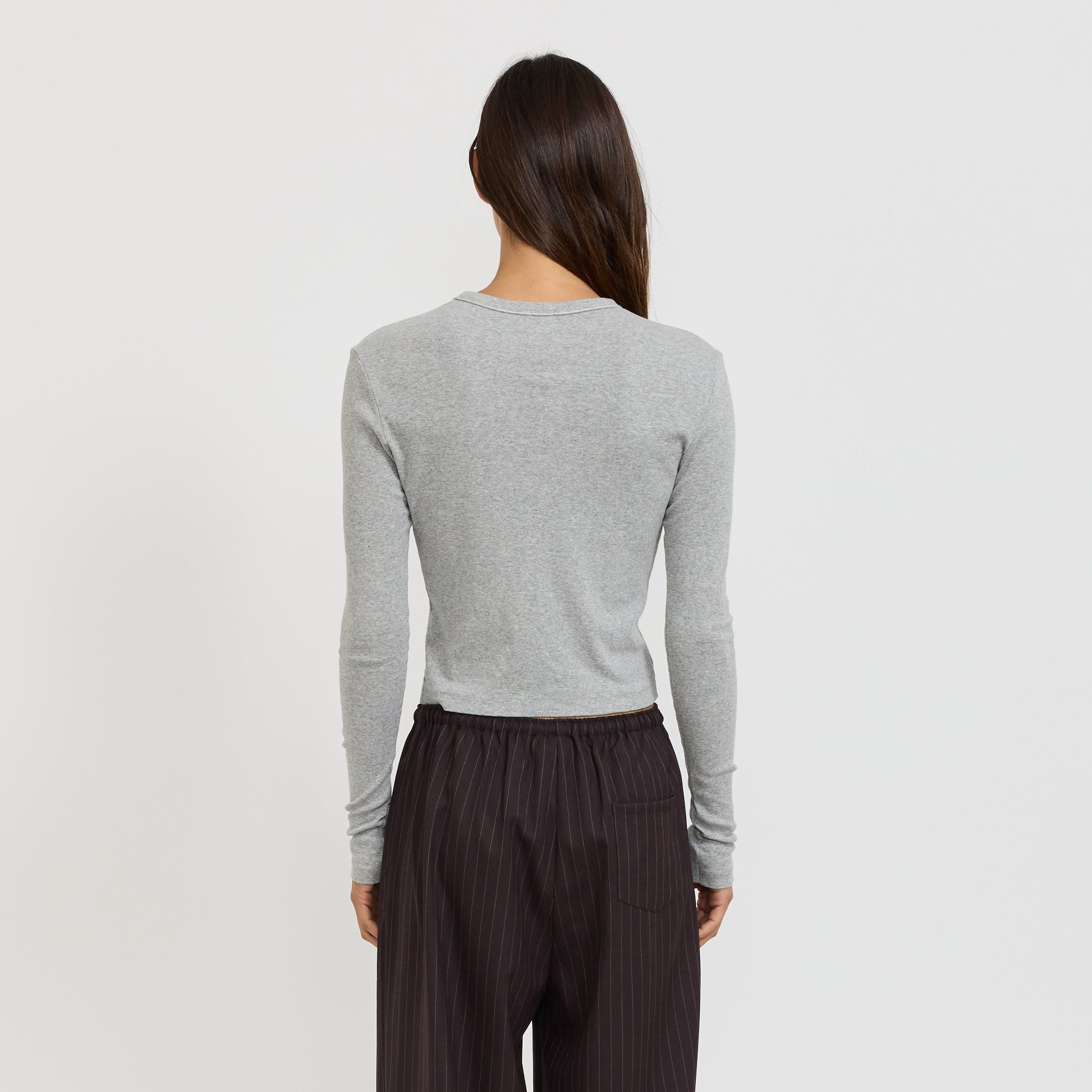 Bassike | Slim Fit Rib L/S Baby Tee Grey Marle | Maplestore