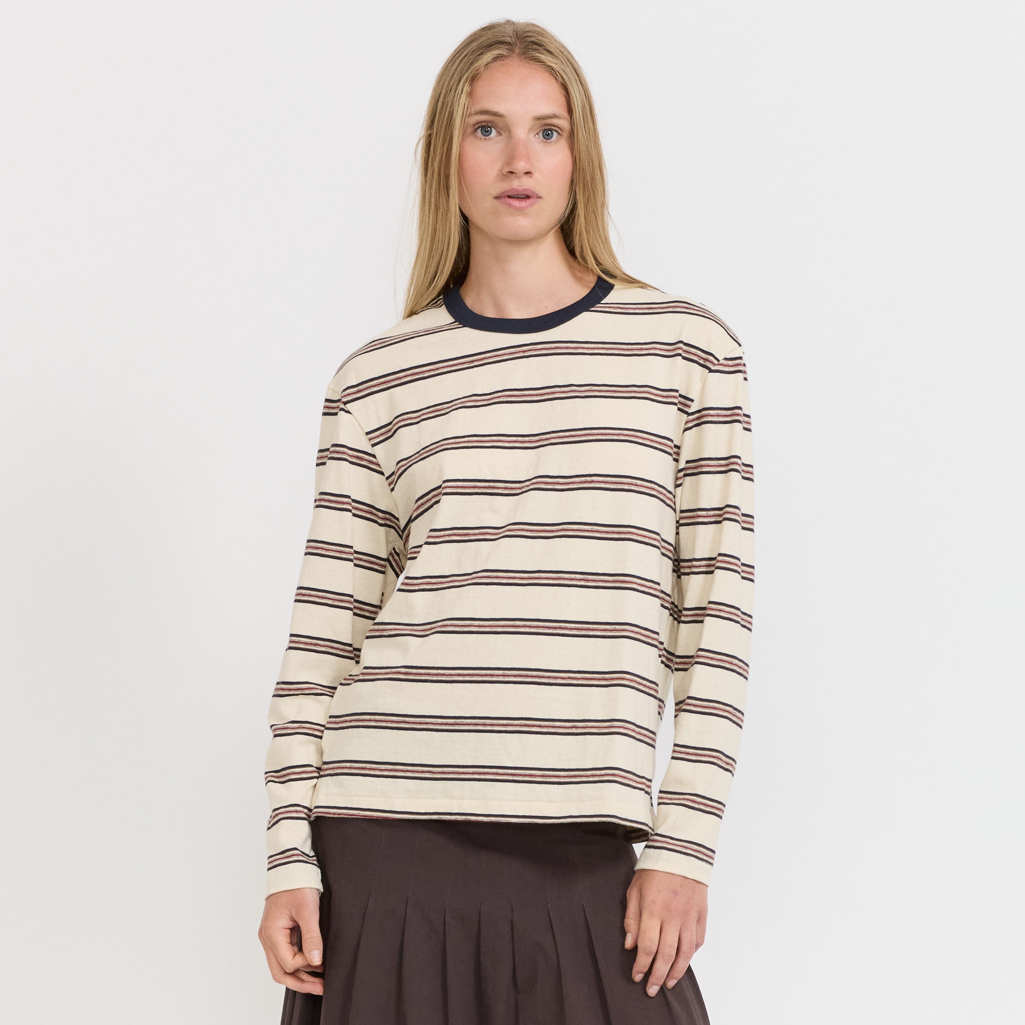 Bassike | Stripe Boyfriend L/S T-Shirt Navy/Red/Natural Stripe | Maplestore