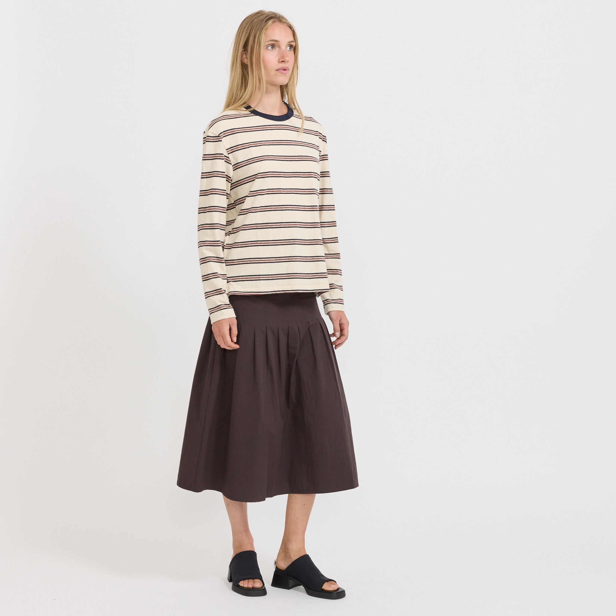 Bassike | Stripe Boyfriend L/S T-Shirt Navy/Red/Natural Stripe | Maplestore