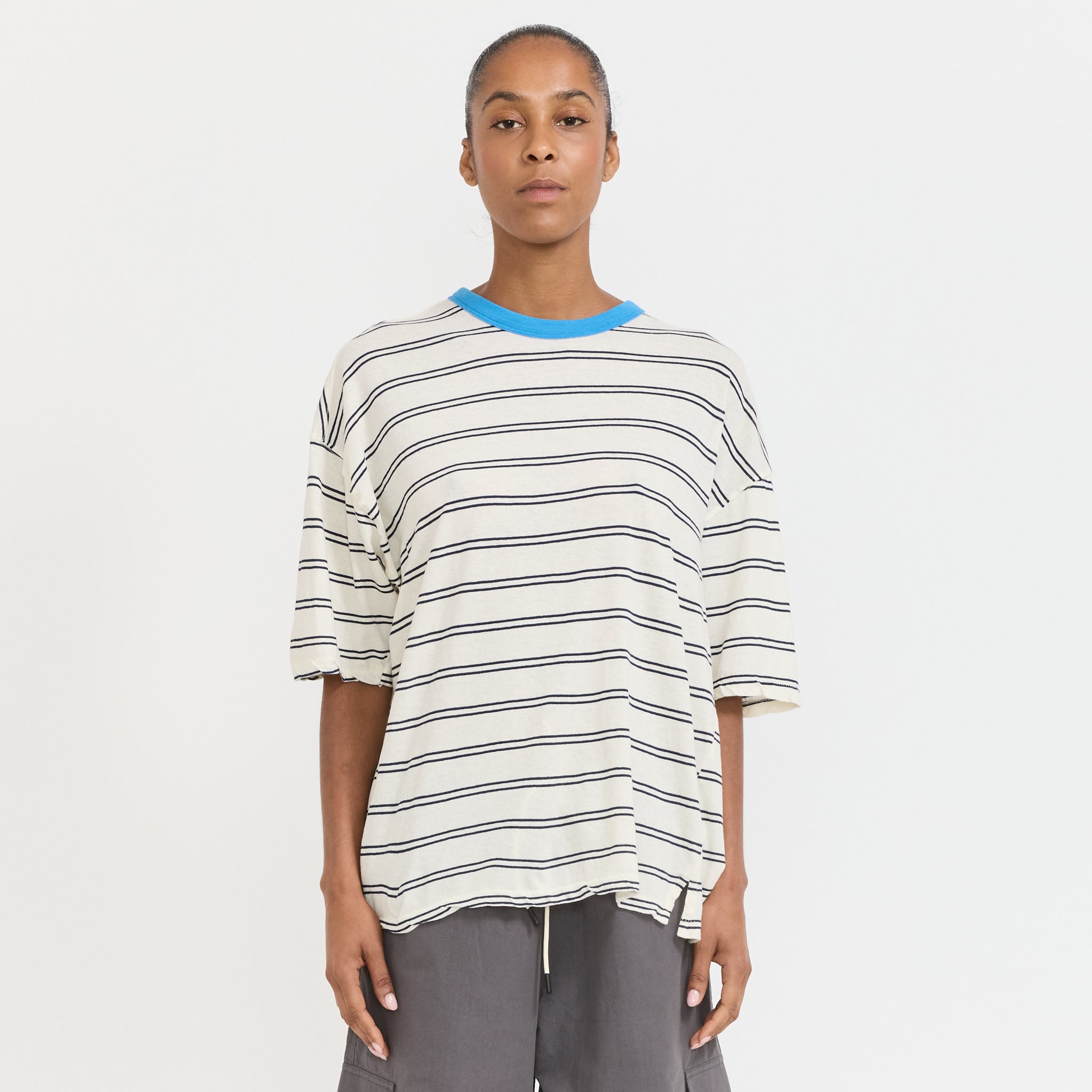 Stripe Boxy T-Shirt Navy/Undyed/Blue