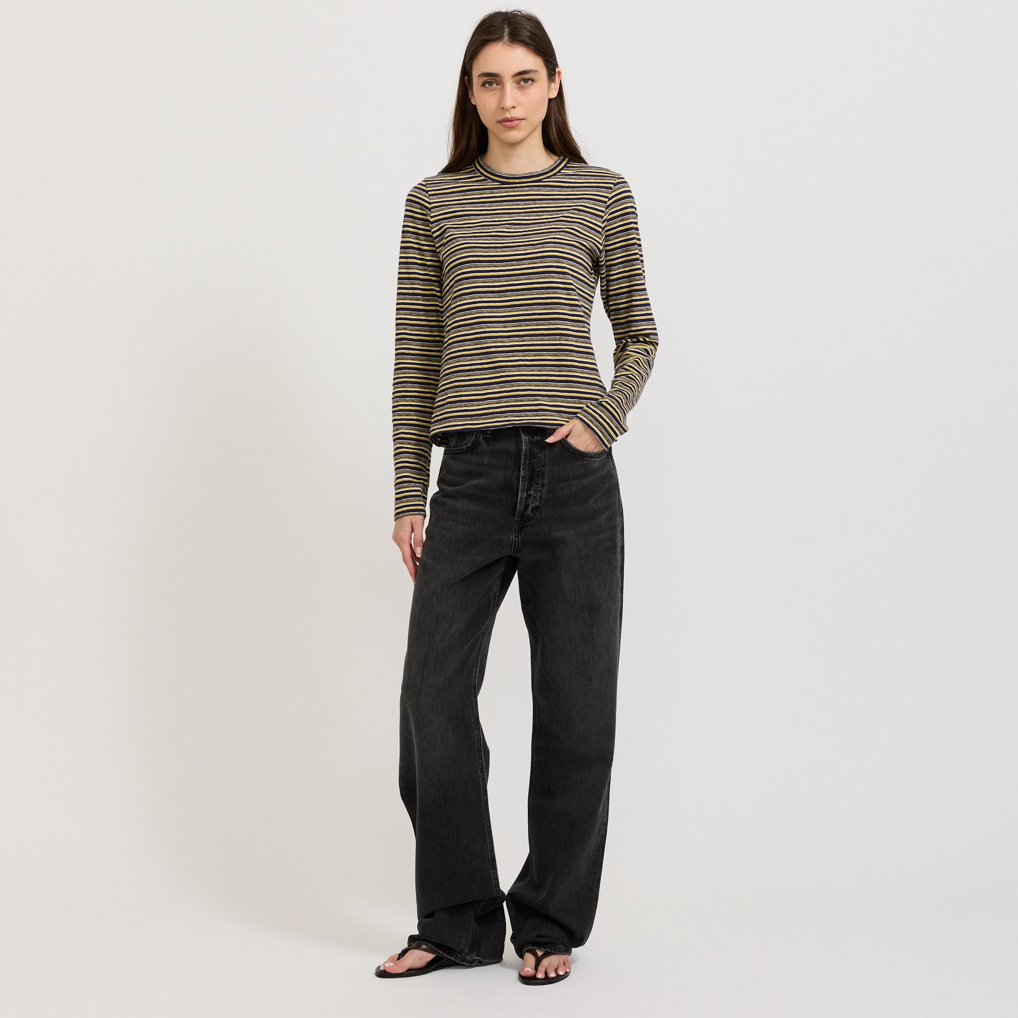 Stripe Slim L/S T-Shirt Navy/Citrus/White
