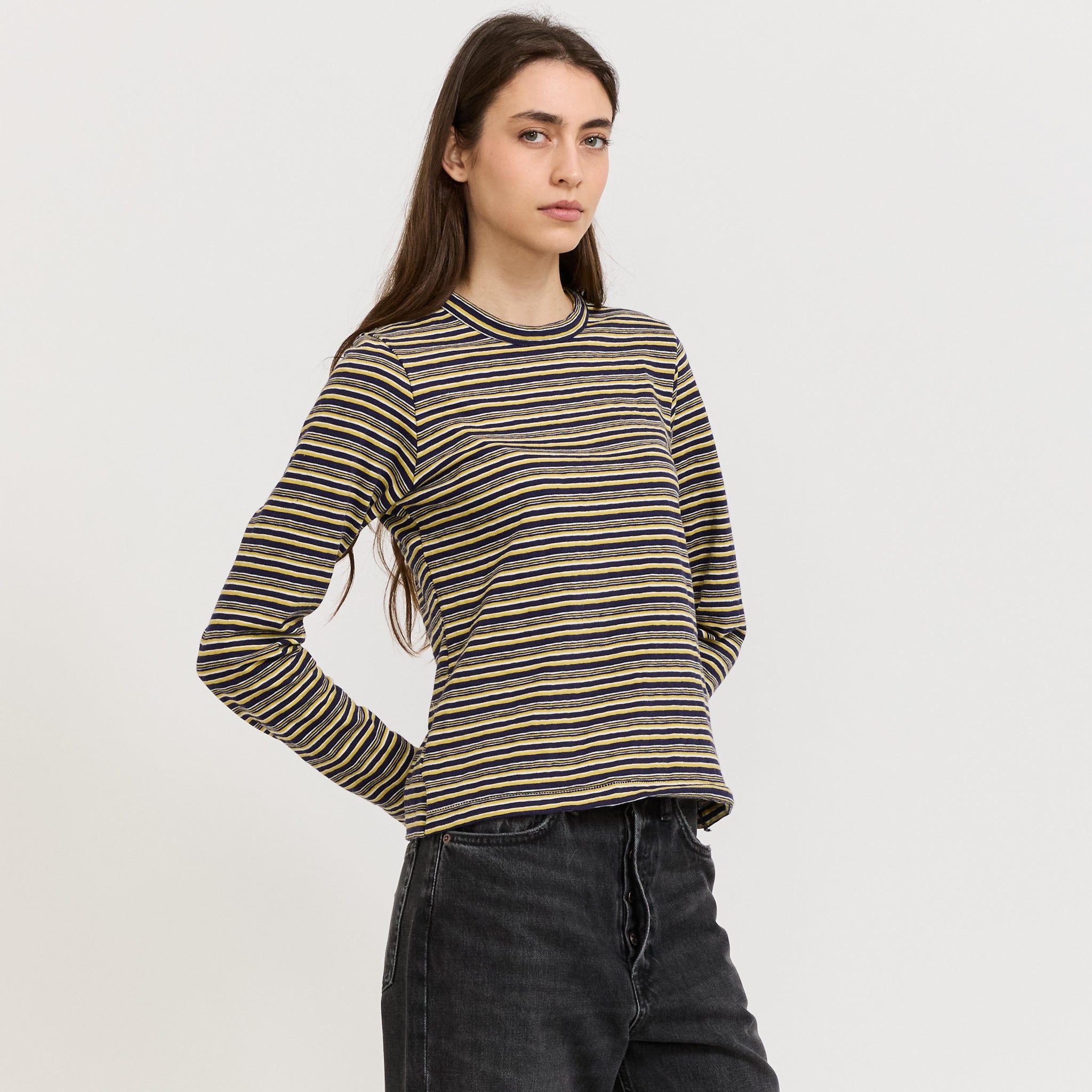 Stripe Slim L/S T-Shirt Navy/Citrus/White
