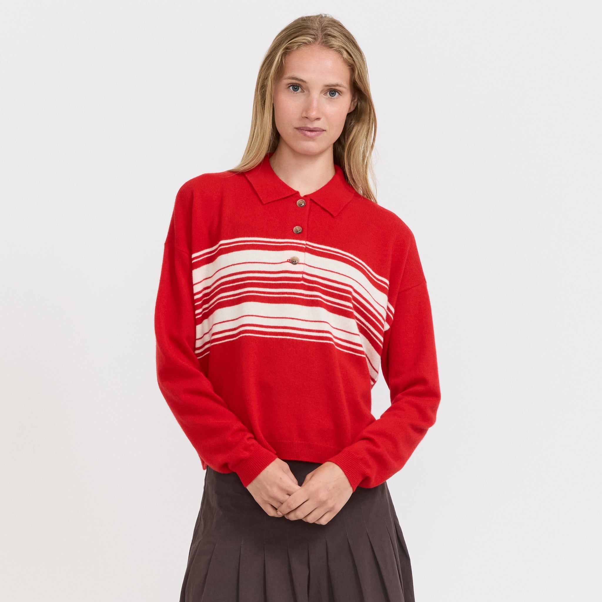 Bassike | Stripe Wool Cashmere Polo Red/Natural | Maplestore
