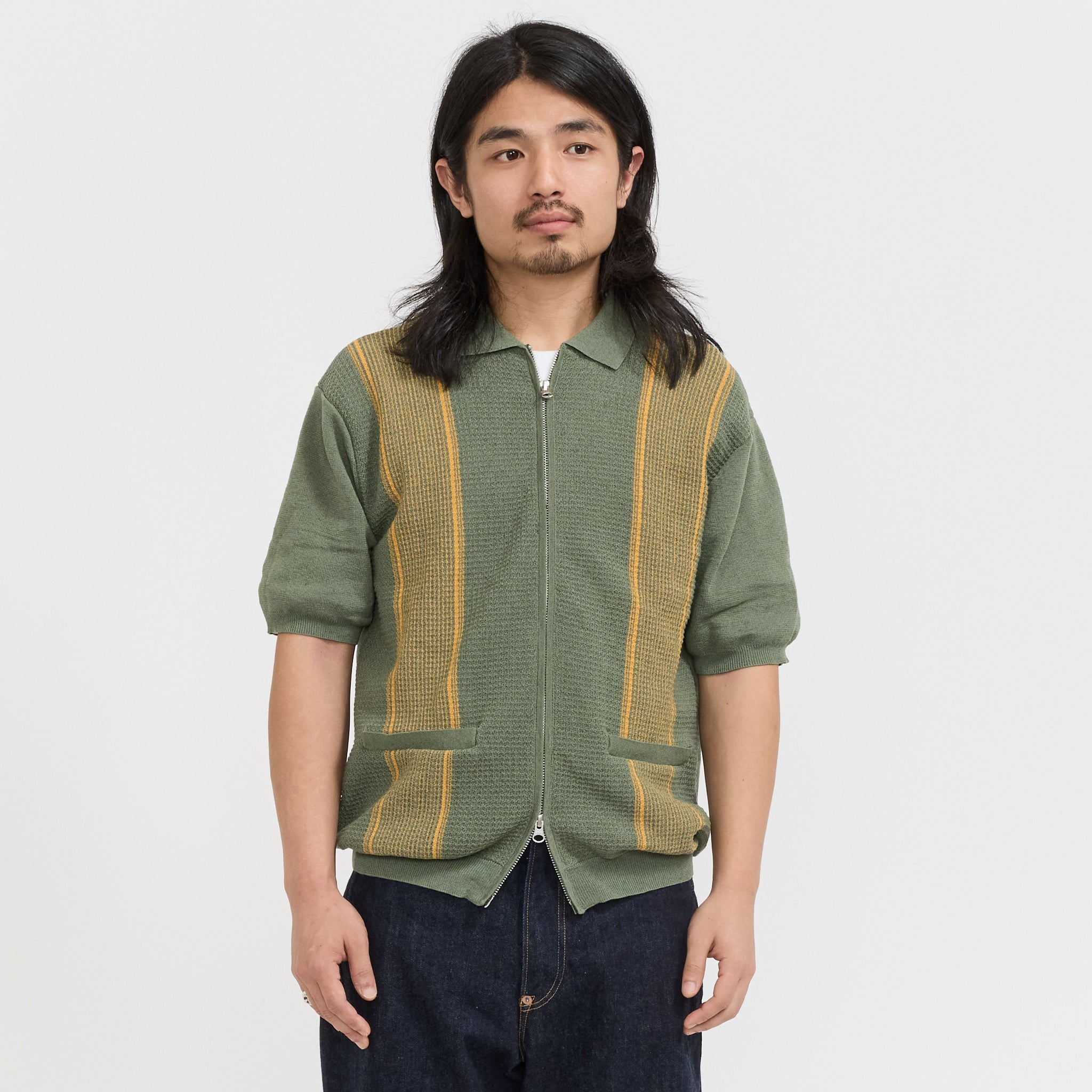 Beams Plus | Zip Knit Polo Stripe Olive | Maplestore