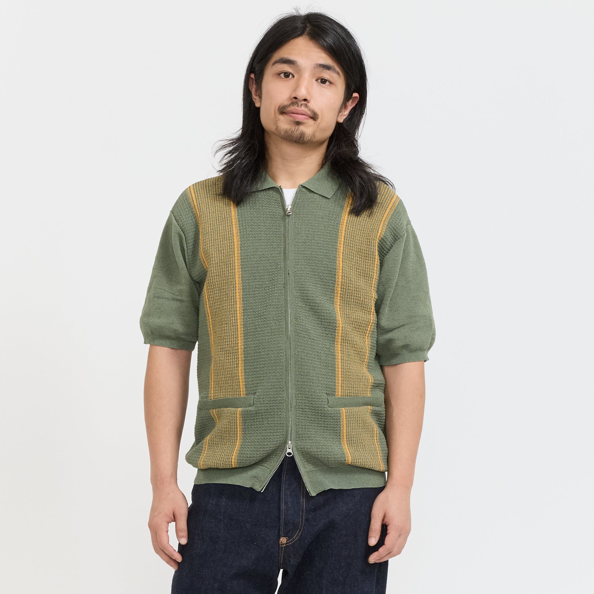 Beams Plus | Zip Knit Polo Stripe Olive | Maplestore