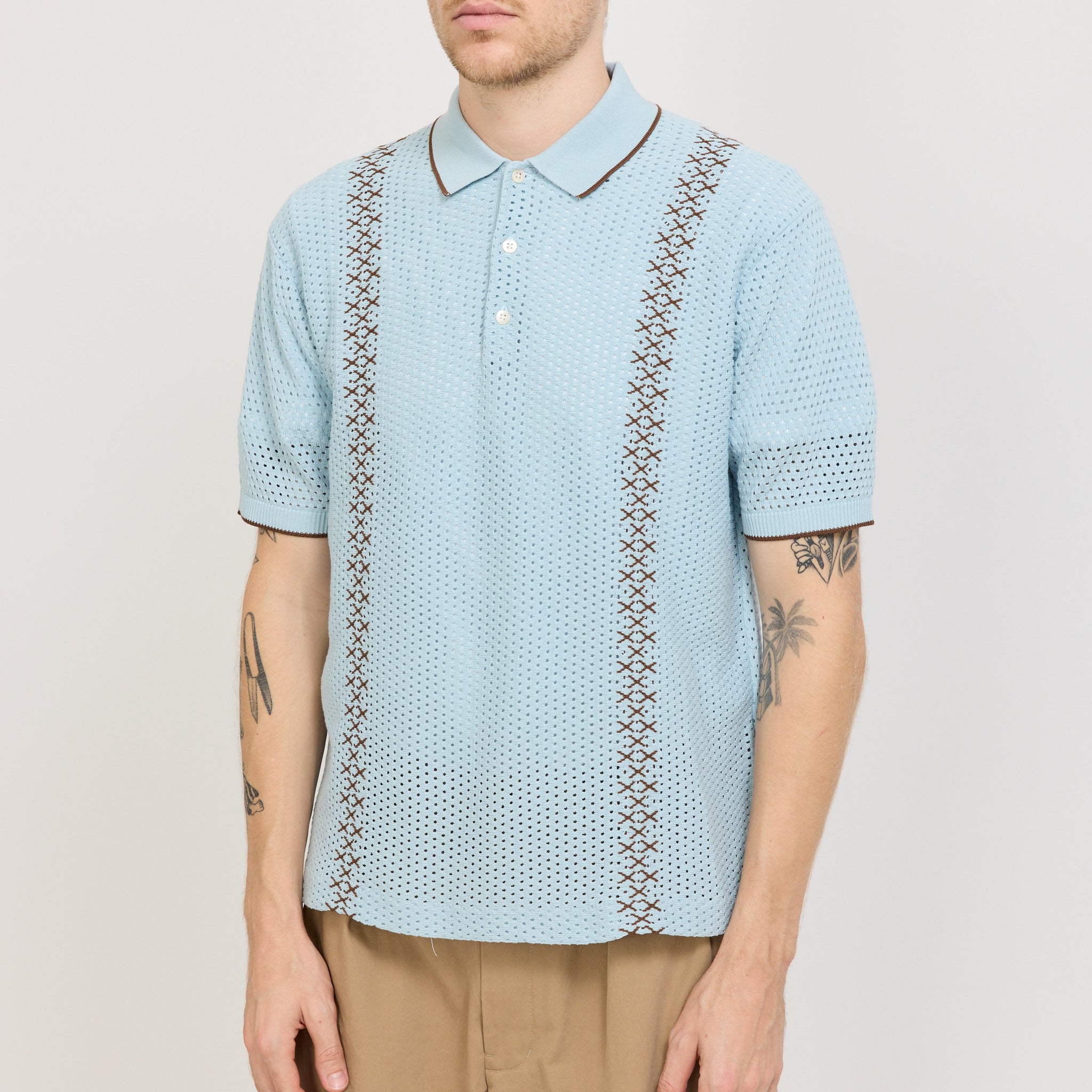 Beams Plus | Knit Polo Mesh Stripe Sax | Maplestore