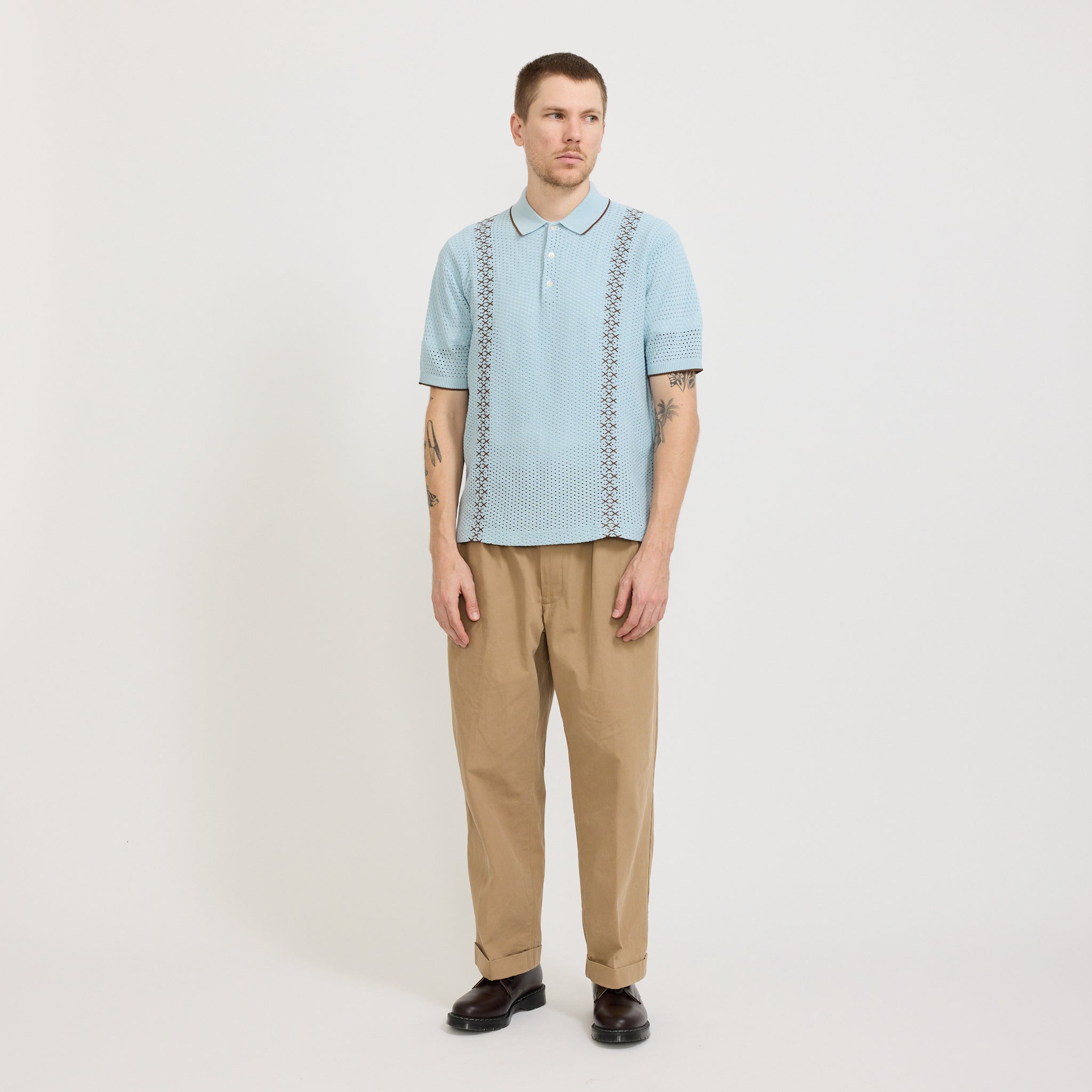 Beams Plus | Knit Polo Mesh Stripe Sax | Maplestore