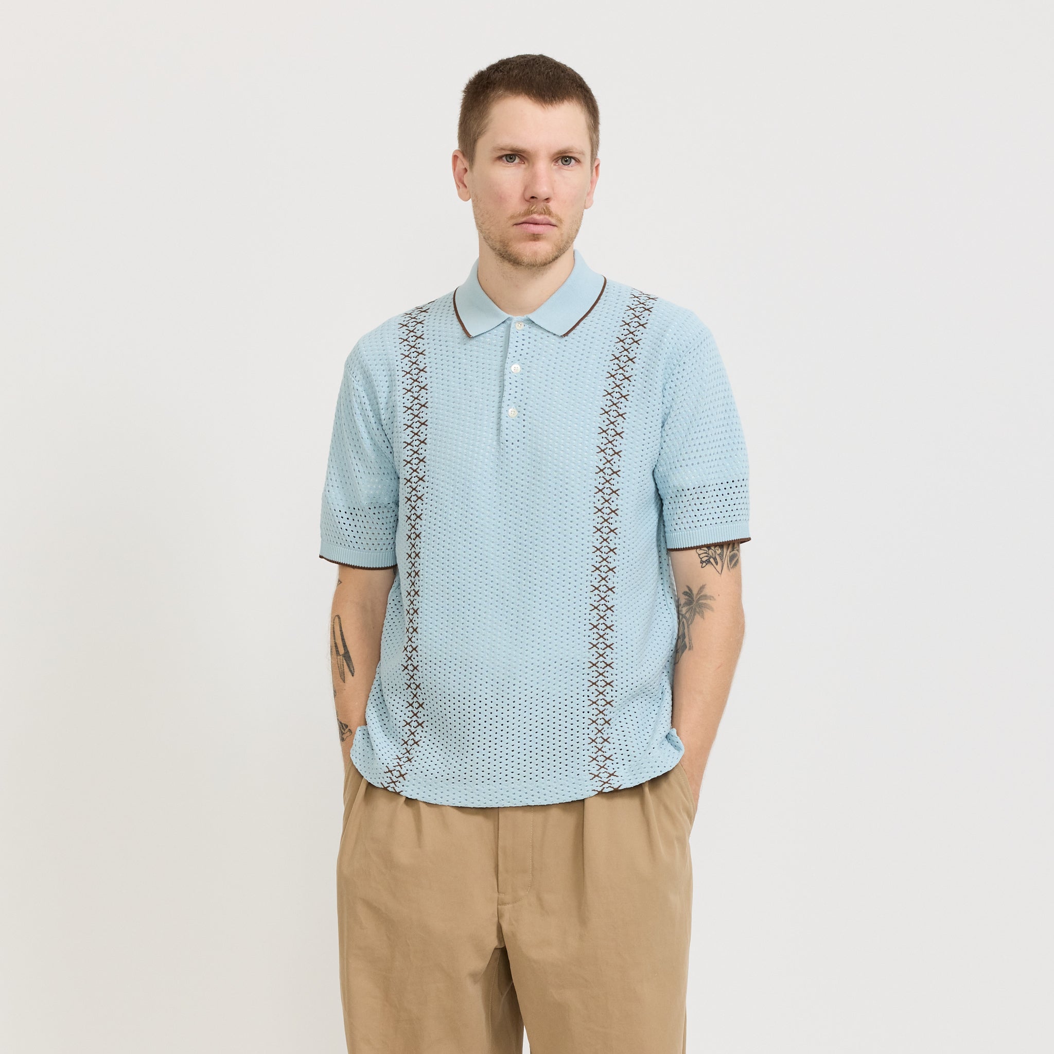 Beams Plus | Knit Polo Mesh Stripe Sax | Maplestore