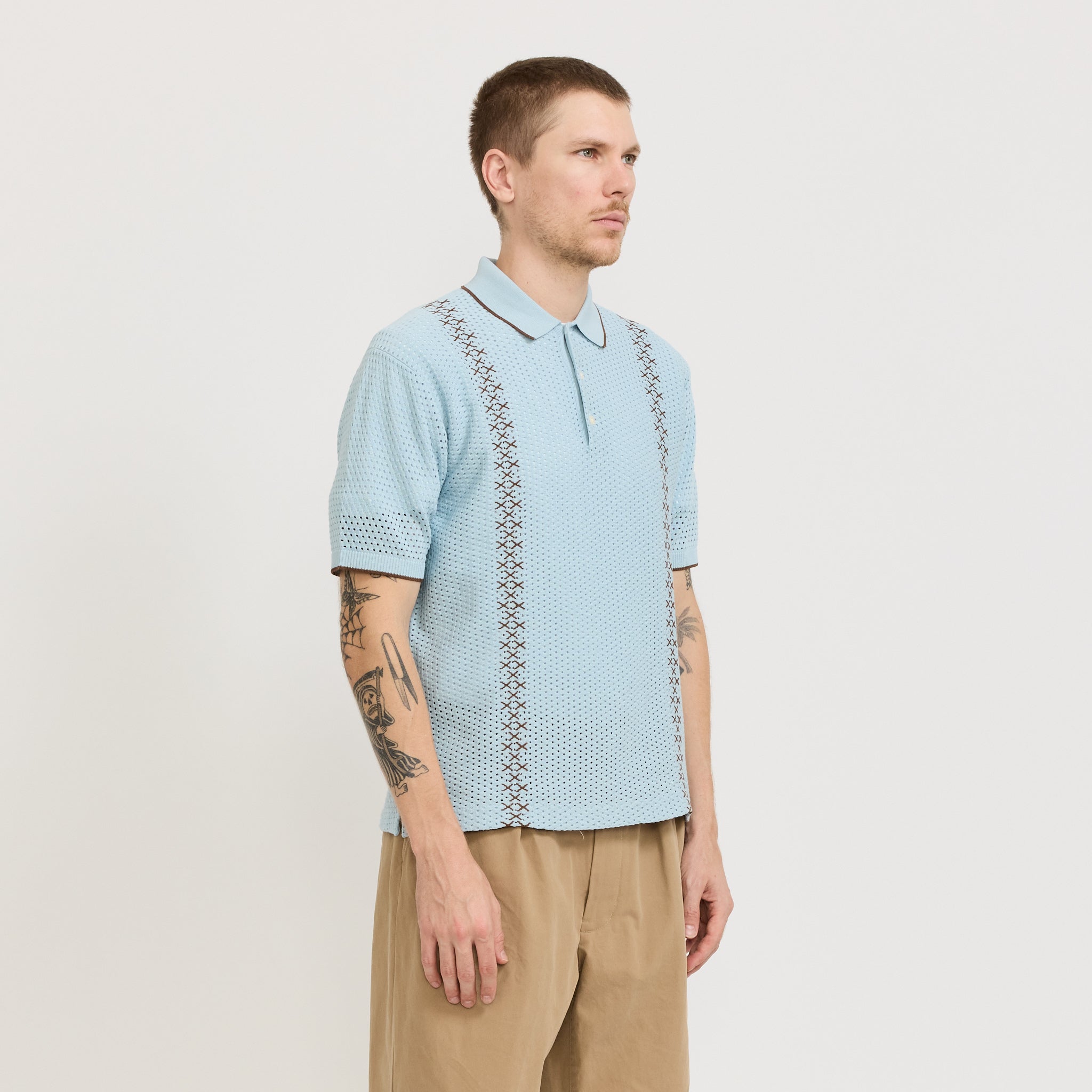 Beams Plus | Knit Polo Mesh Stripe Sax | Maplestore