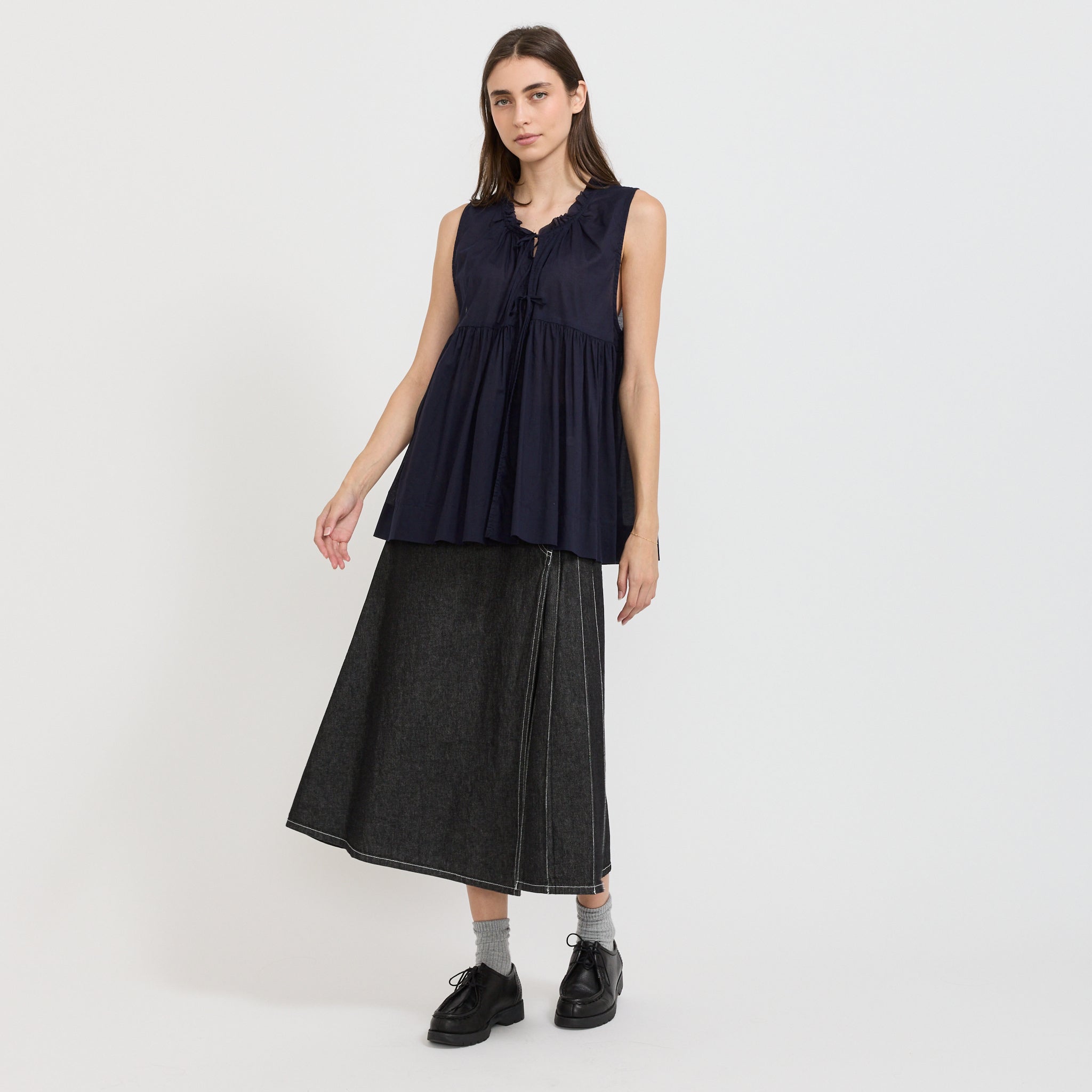 Beams Boy | Cotton Gather Non-Sleeve Shirt Navy | Maplestore