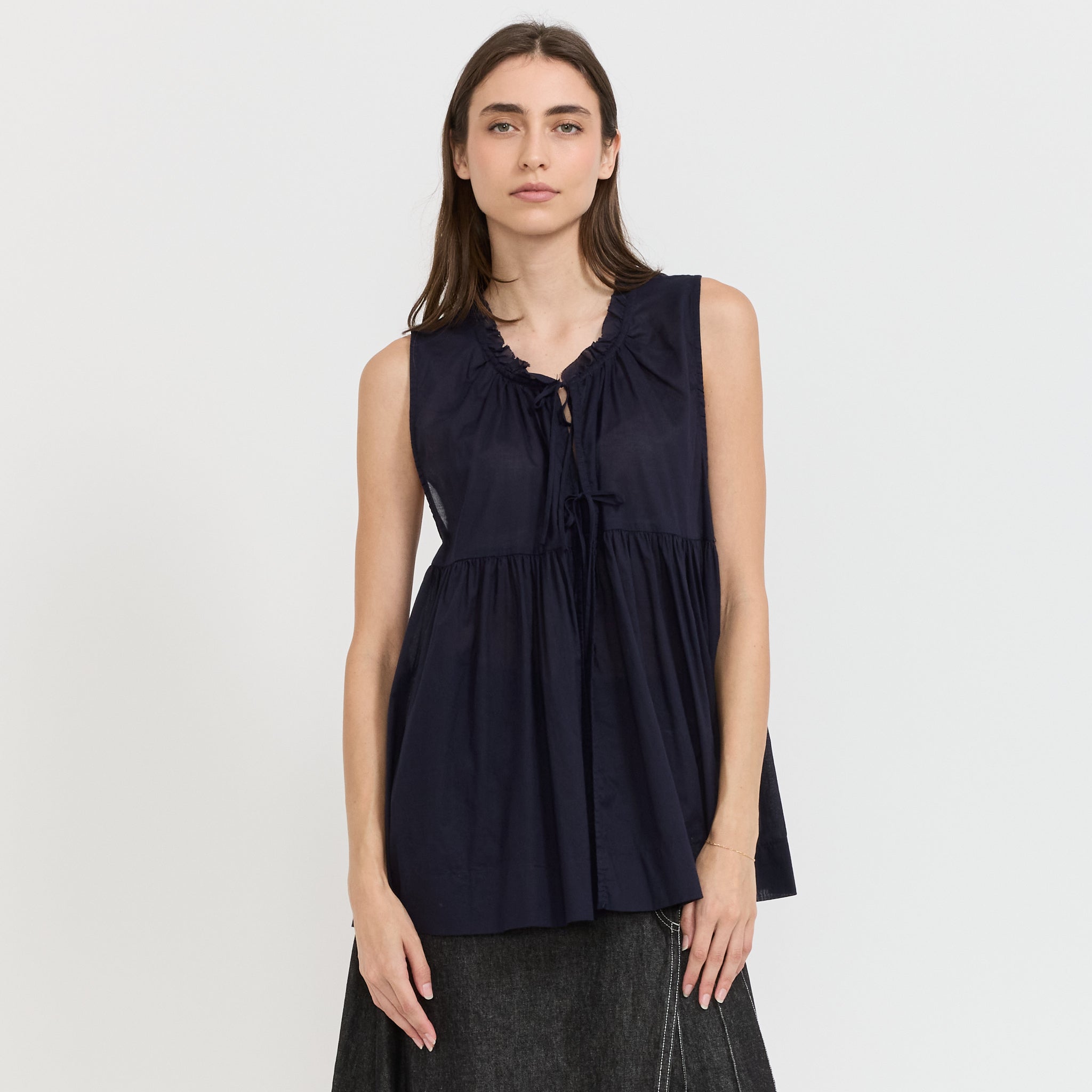 Beams Boy | Cotton Gather Non-Sleeve Shirt Navy | Maplestore