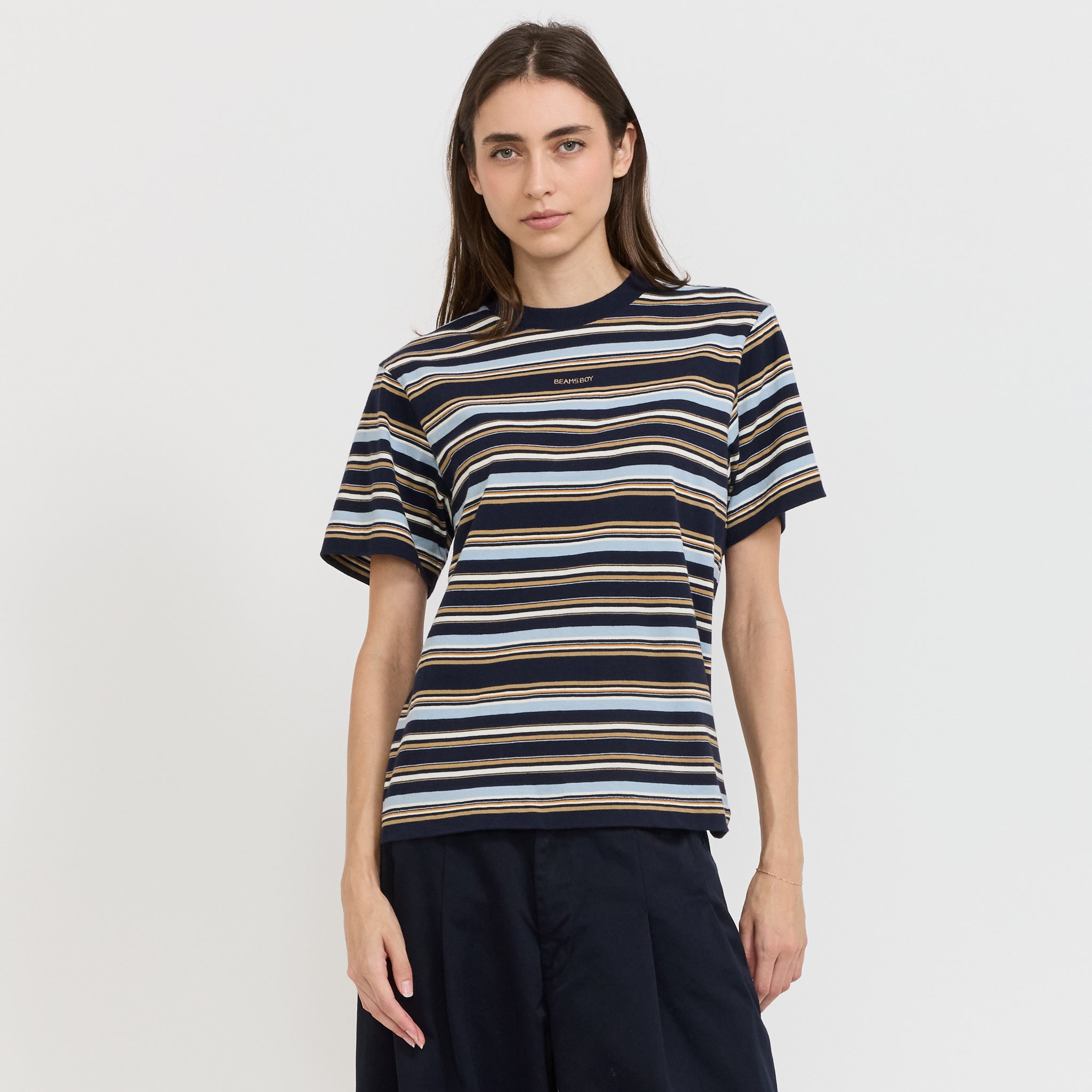 Beams Boy | Embroidery Multi-Striped Short Sleeve Navy | Maplestore