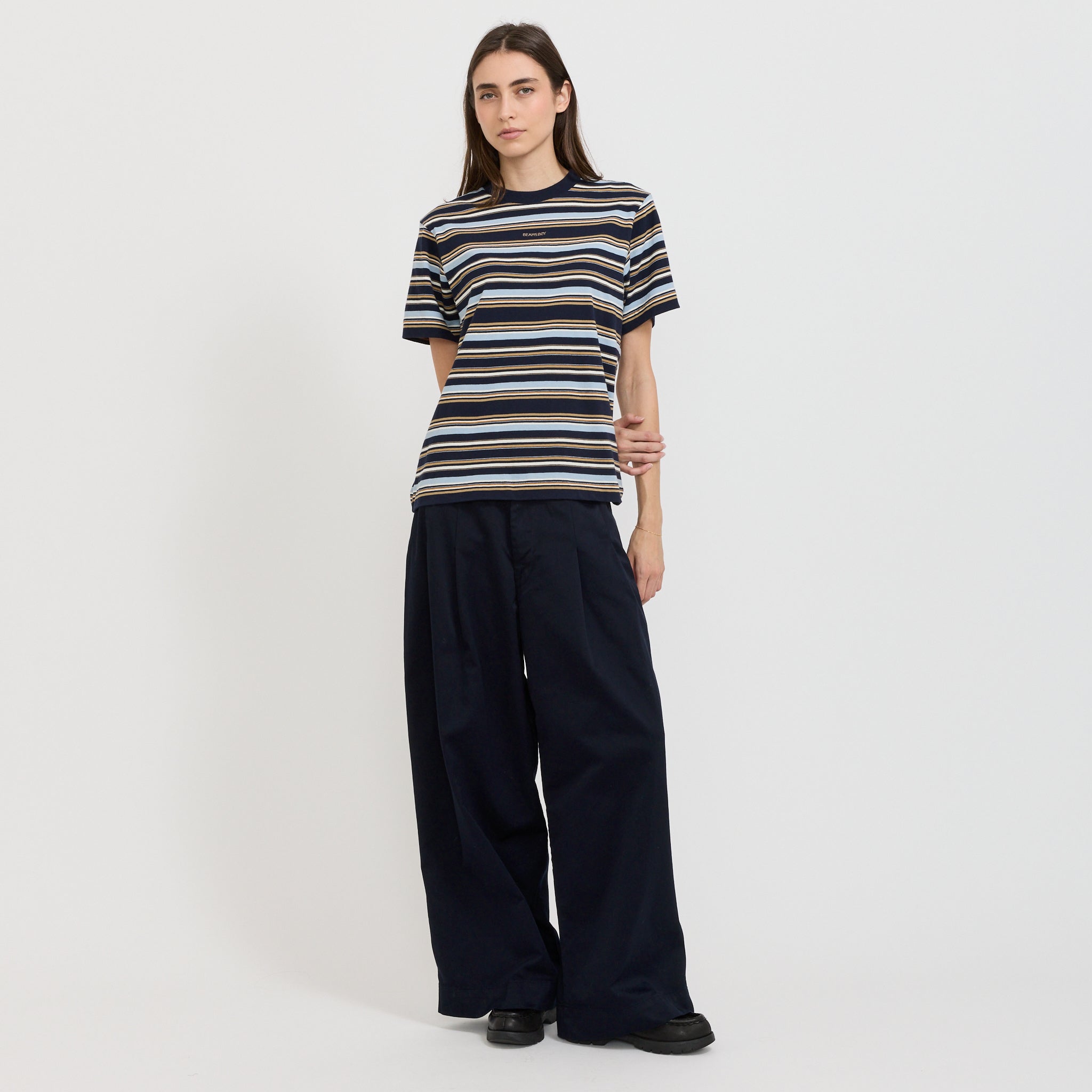 Beams Boy | Embroidery Multi-Striped Short Sleeve Navy | Maplestore