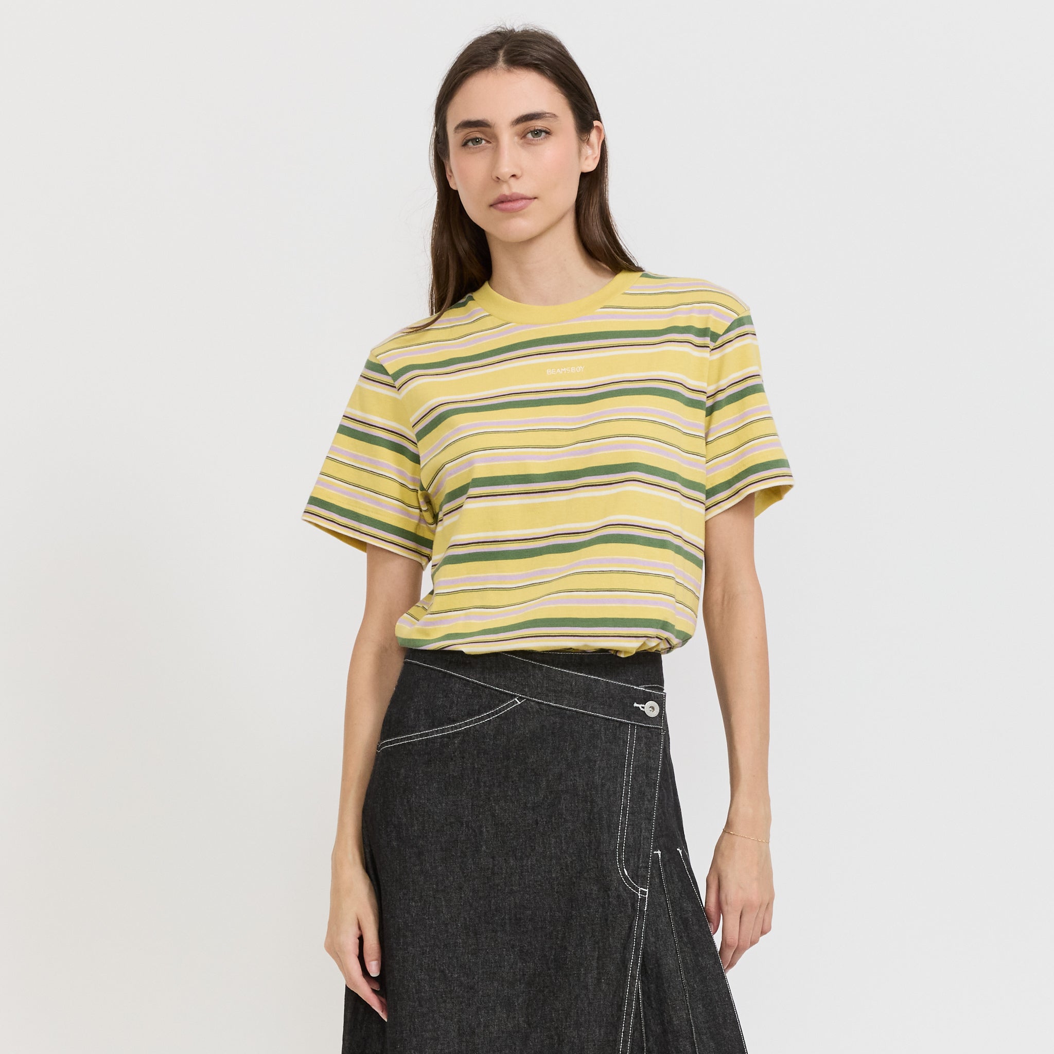 Beams Boy | Embroidery Multi-Striped Short Sleeve Yellow | Maplestore