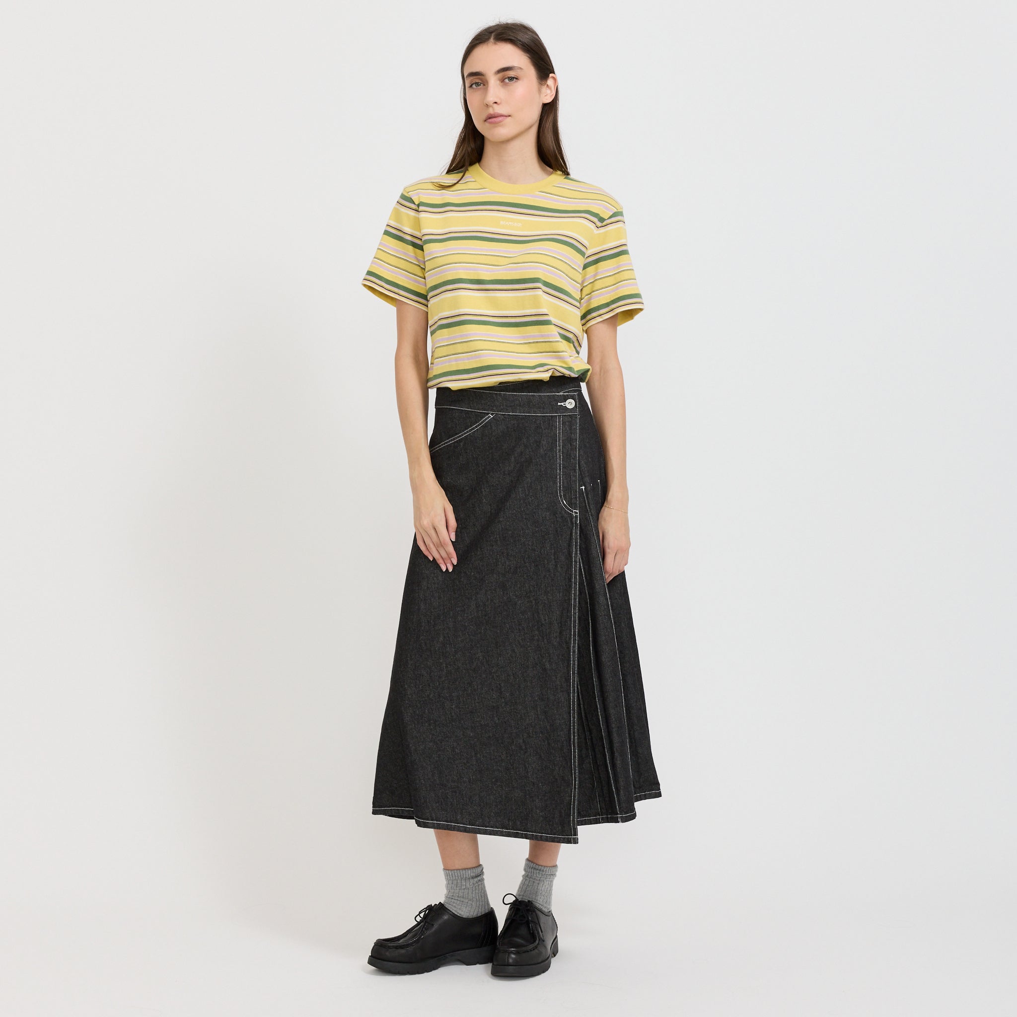 Beams Boy | Embroidery Multi-Striped Short Sleeve Yellow | Maplestore