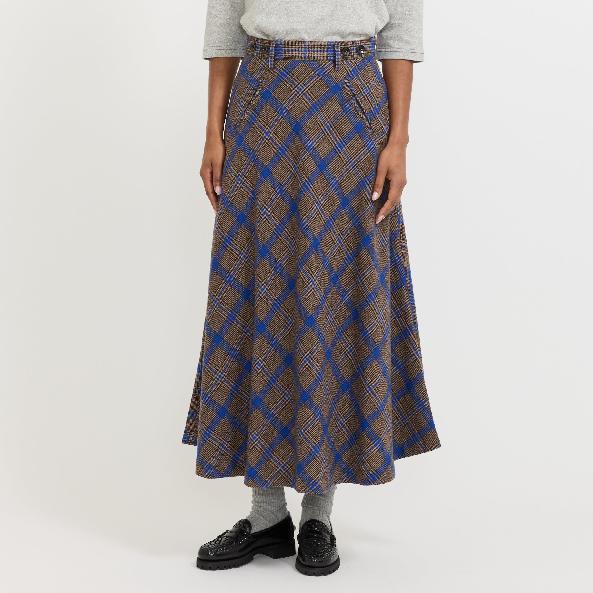 O.Check Long A-Line Skirt Brown
