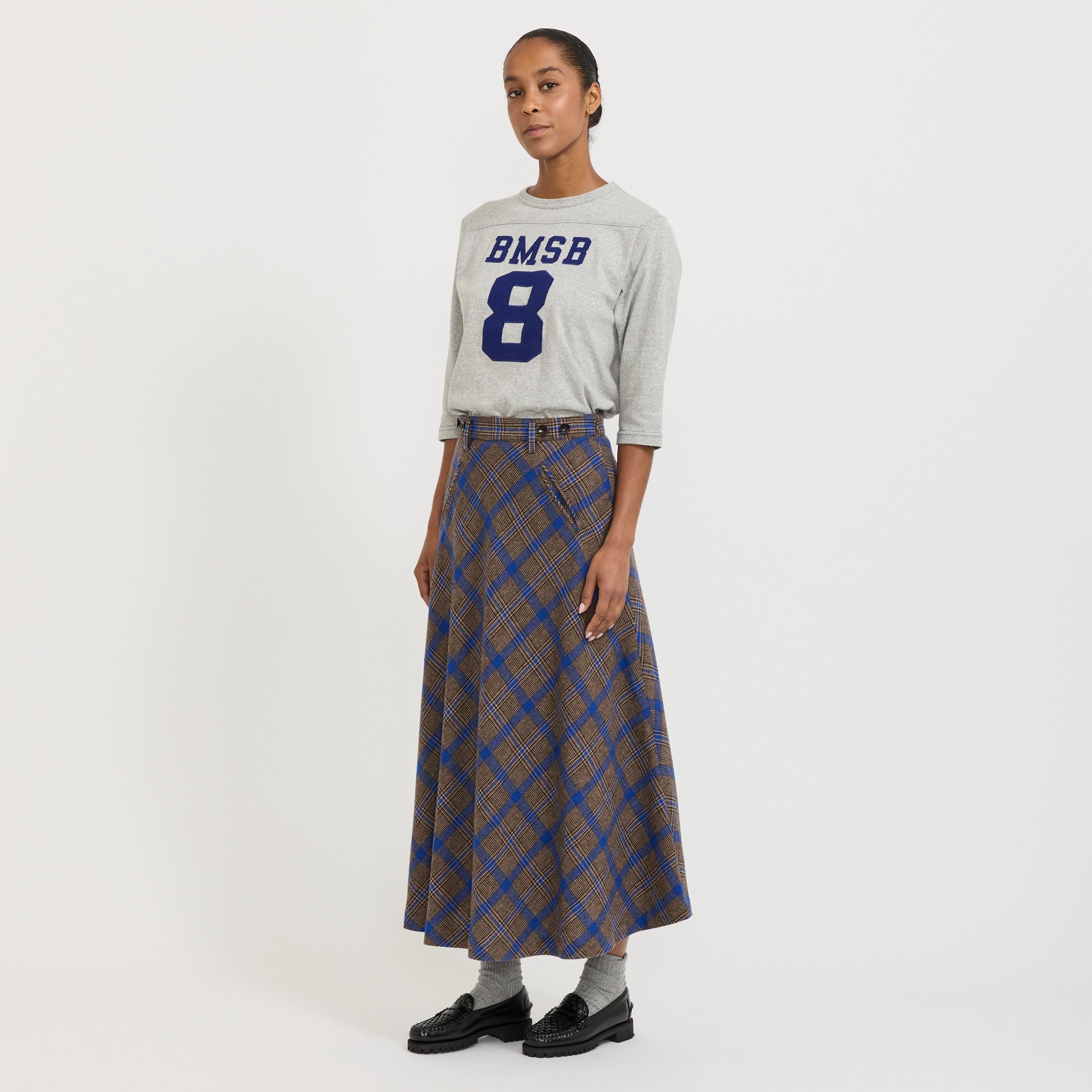 O.Check Long A-Line Skirt Brown