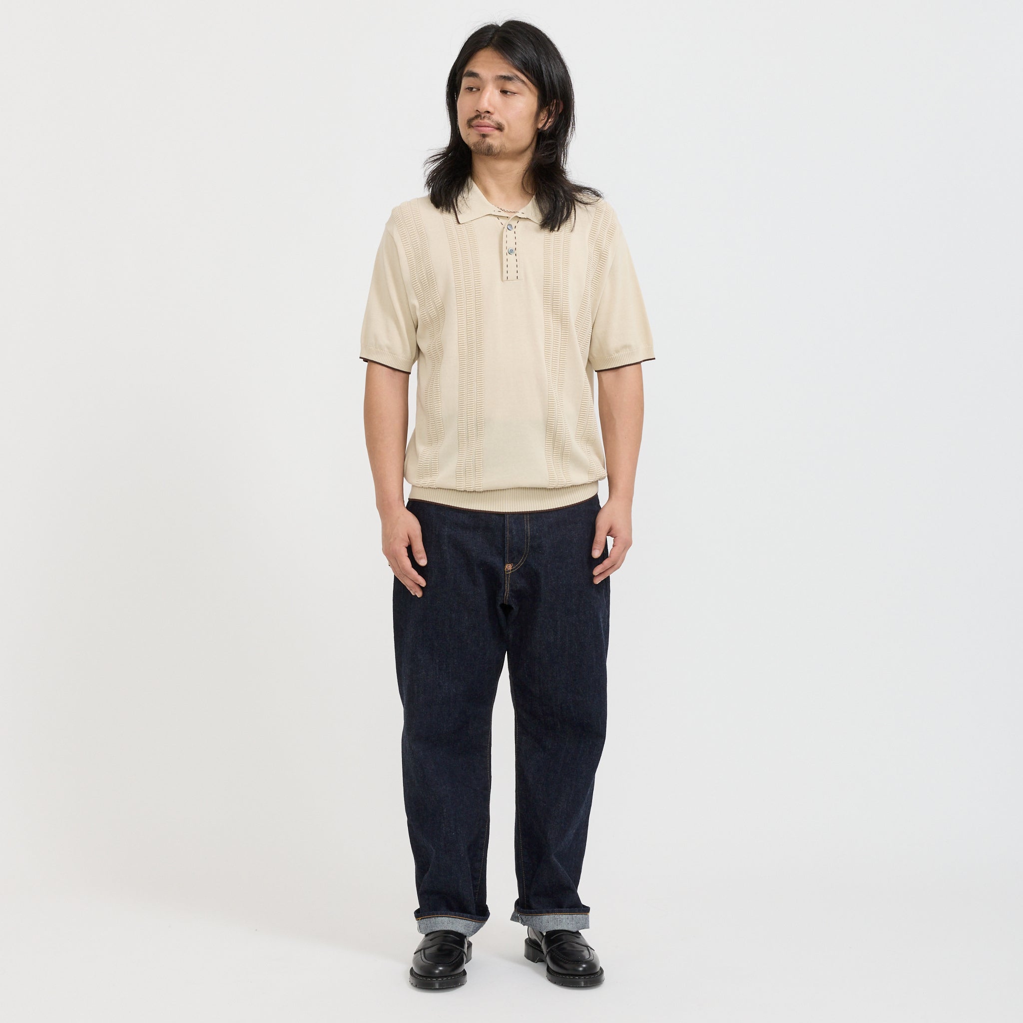 Beams Plus | Knit Polo Raised Pattern Jacquard Line Beige | Maplestore