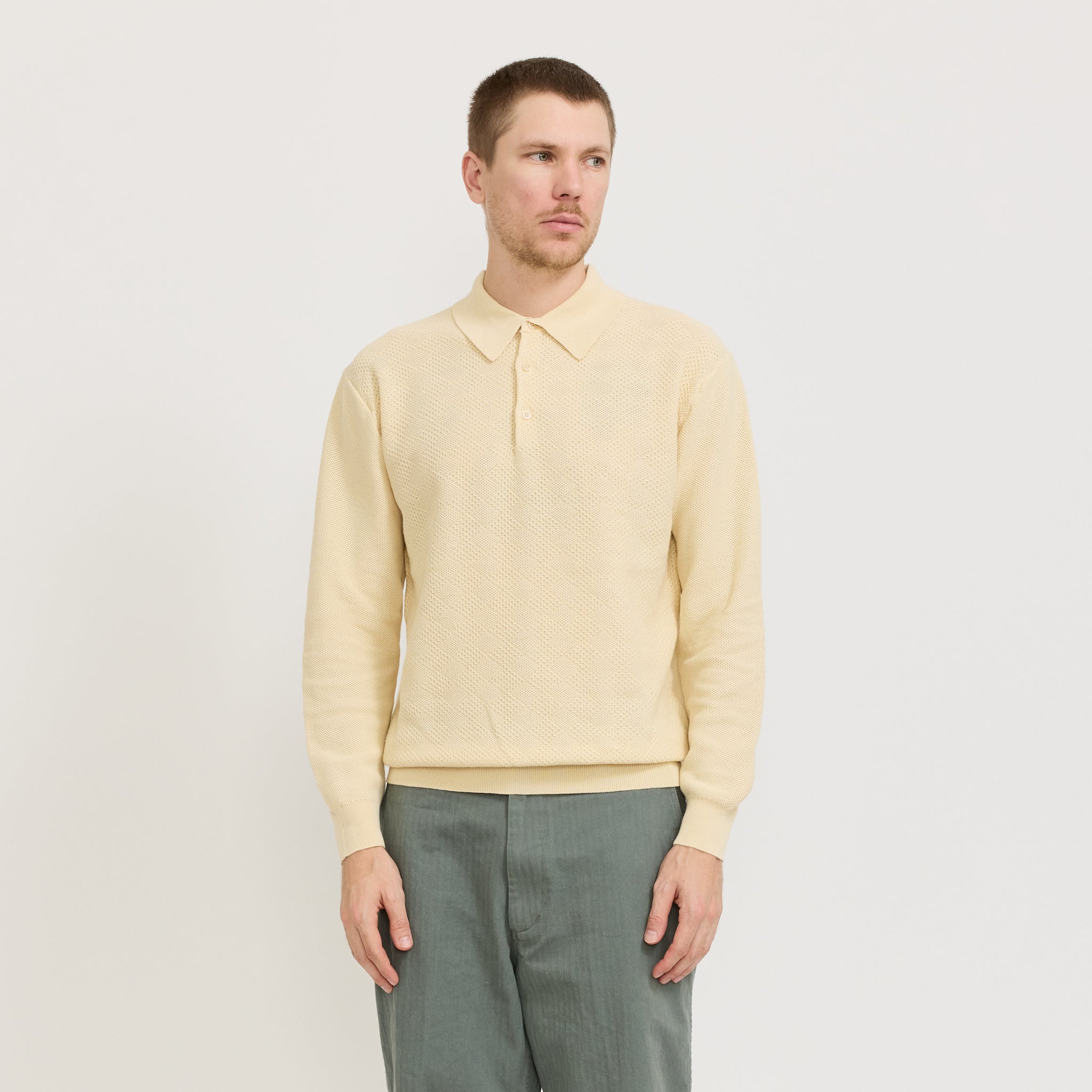 Beams Plus | Knit Polo Diamond Pattern Off White | Maplestore