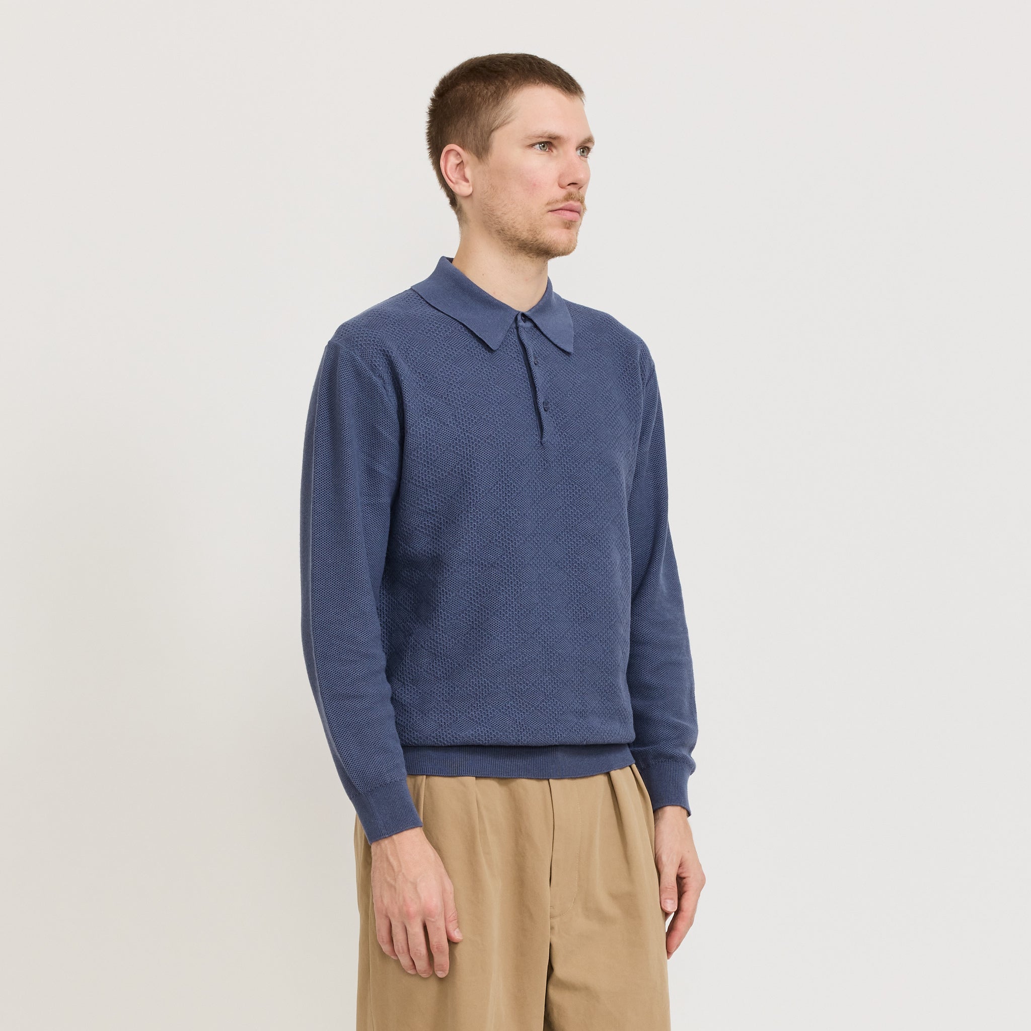 Beams Plus | Knit Polo Diamond Pattern Blue | Maplestore