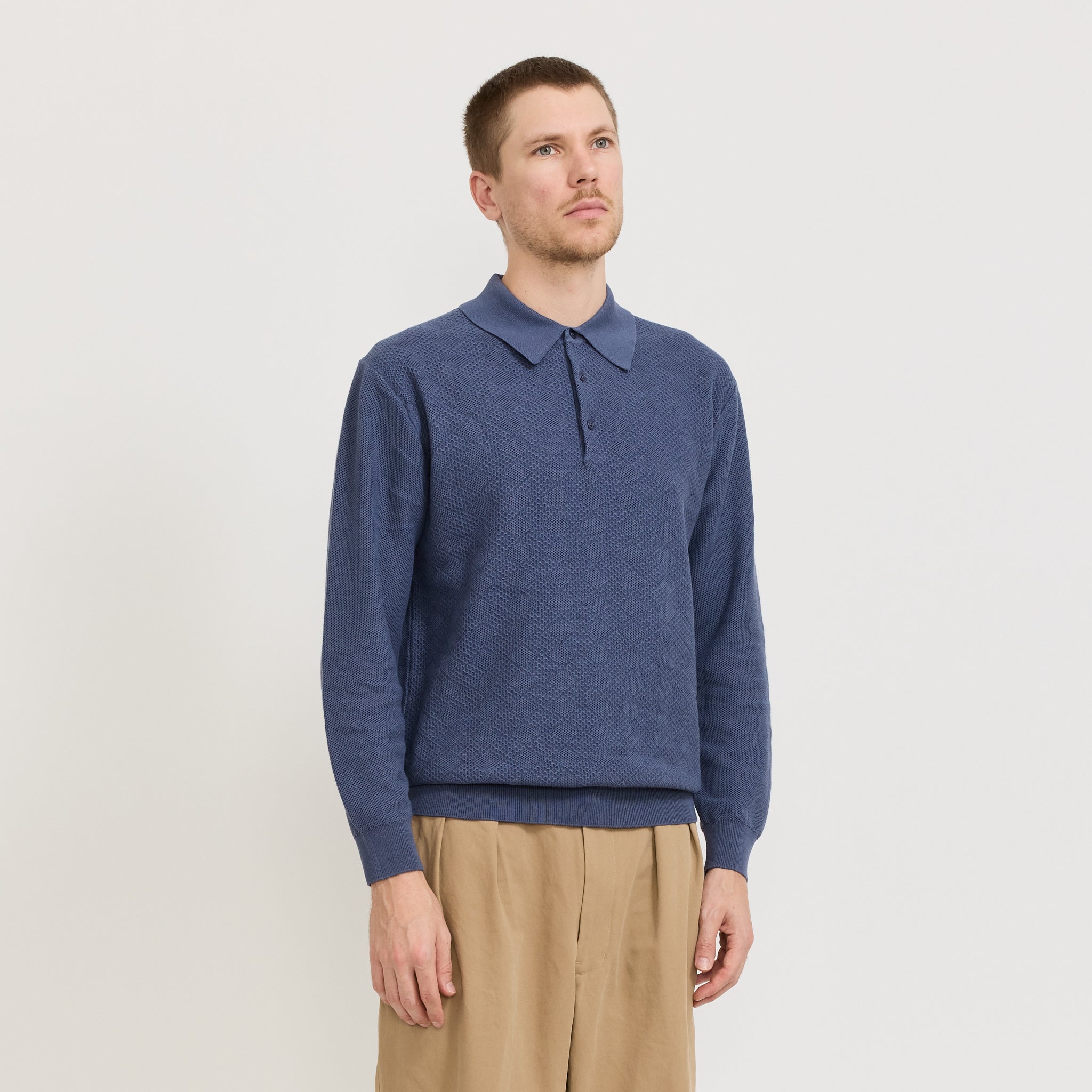 Beams Plus | Knit Polo Diamond Pattern Blue | Maplestore