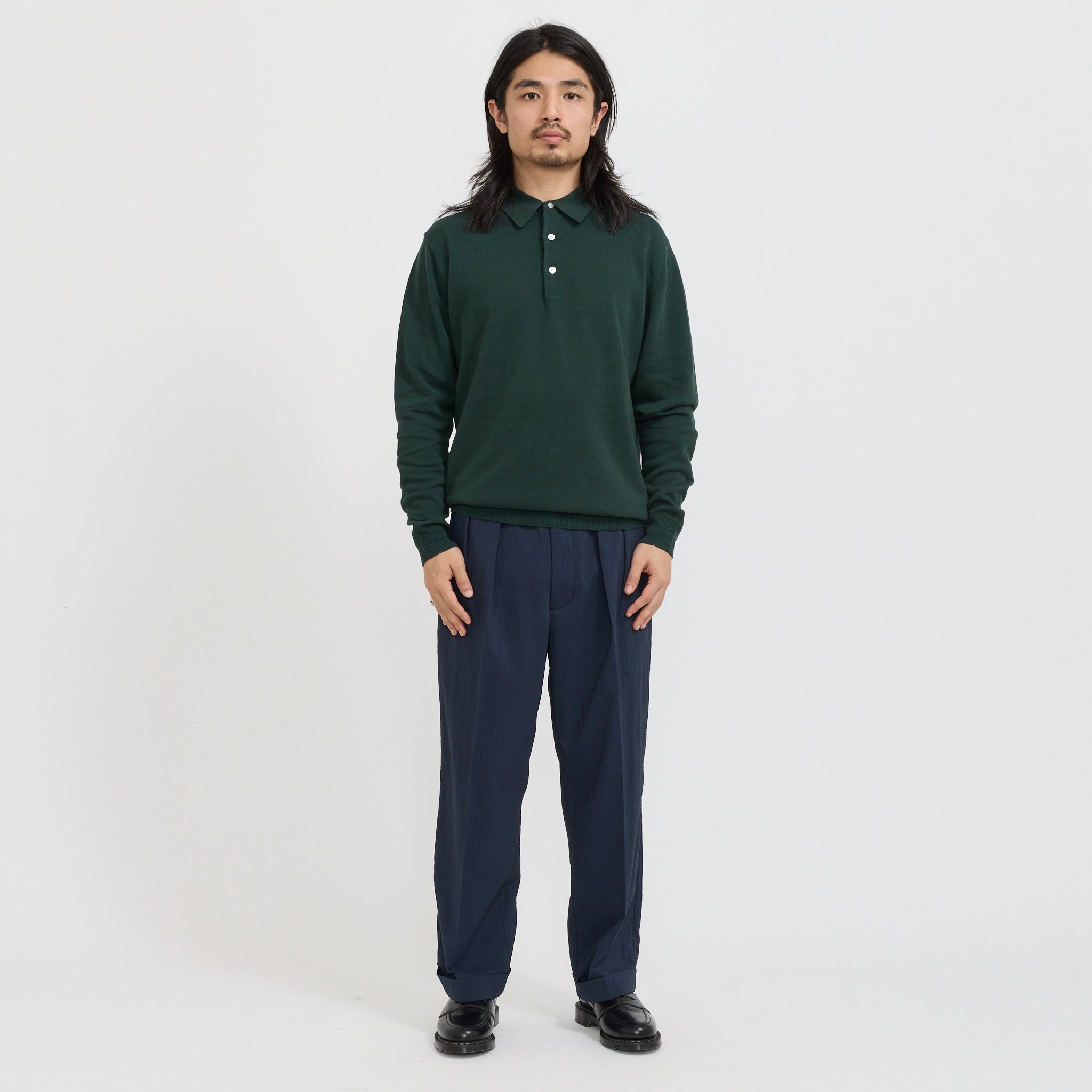 Beams Plus | Knit Polo 12G Long Sleeve Green | Maplestore